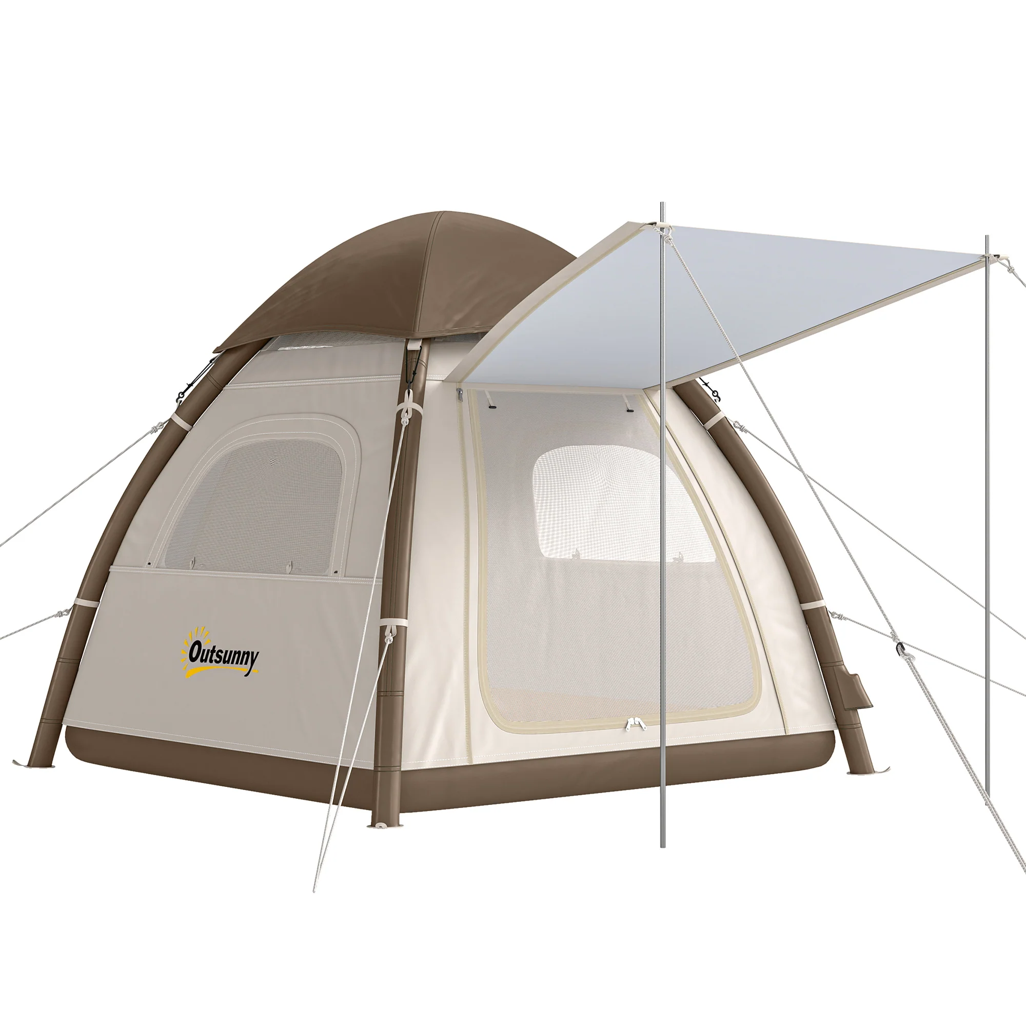 Outsunny 3 Man Inflatable Camping Tent w/ 3000mm Waterproof Rainfly, Cream
