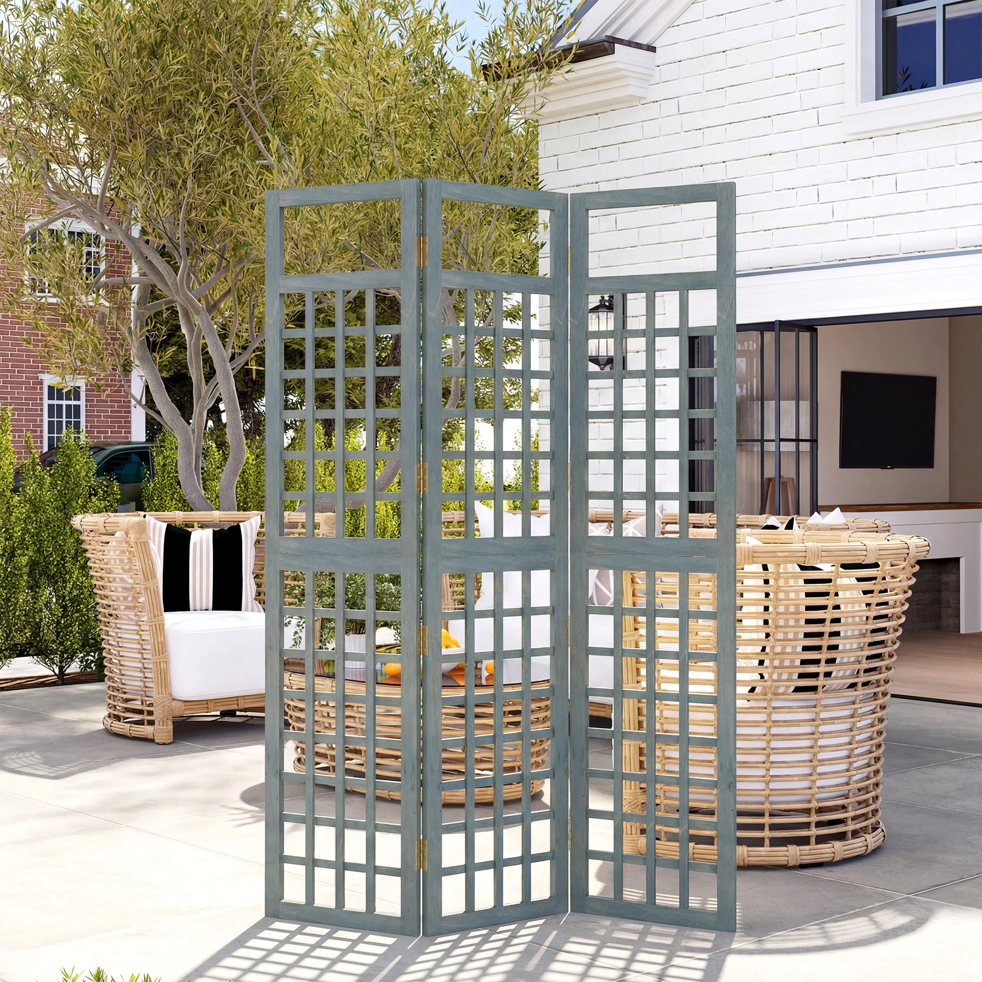 Outsunny 3-Panel Garden Privacy Screen, Foldable Wooden Divider, Grey - Image 2