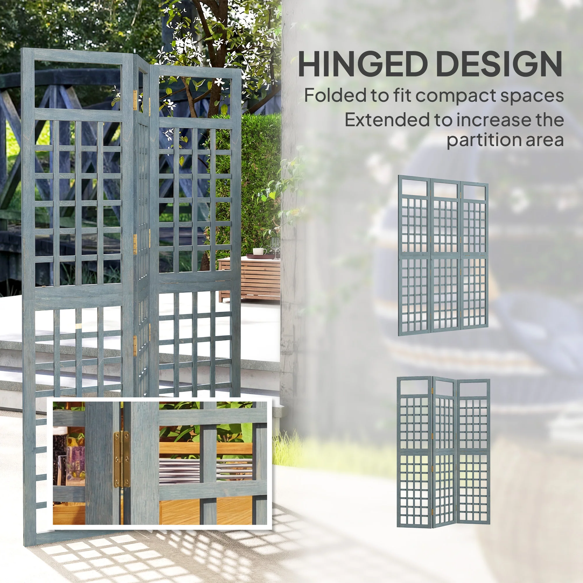 Outsunny 3-Panel Garden Privacy Screen, Foldable Wooden Divider, Grey - Image 5