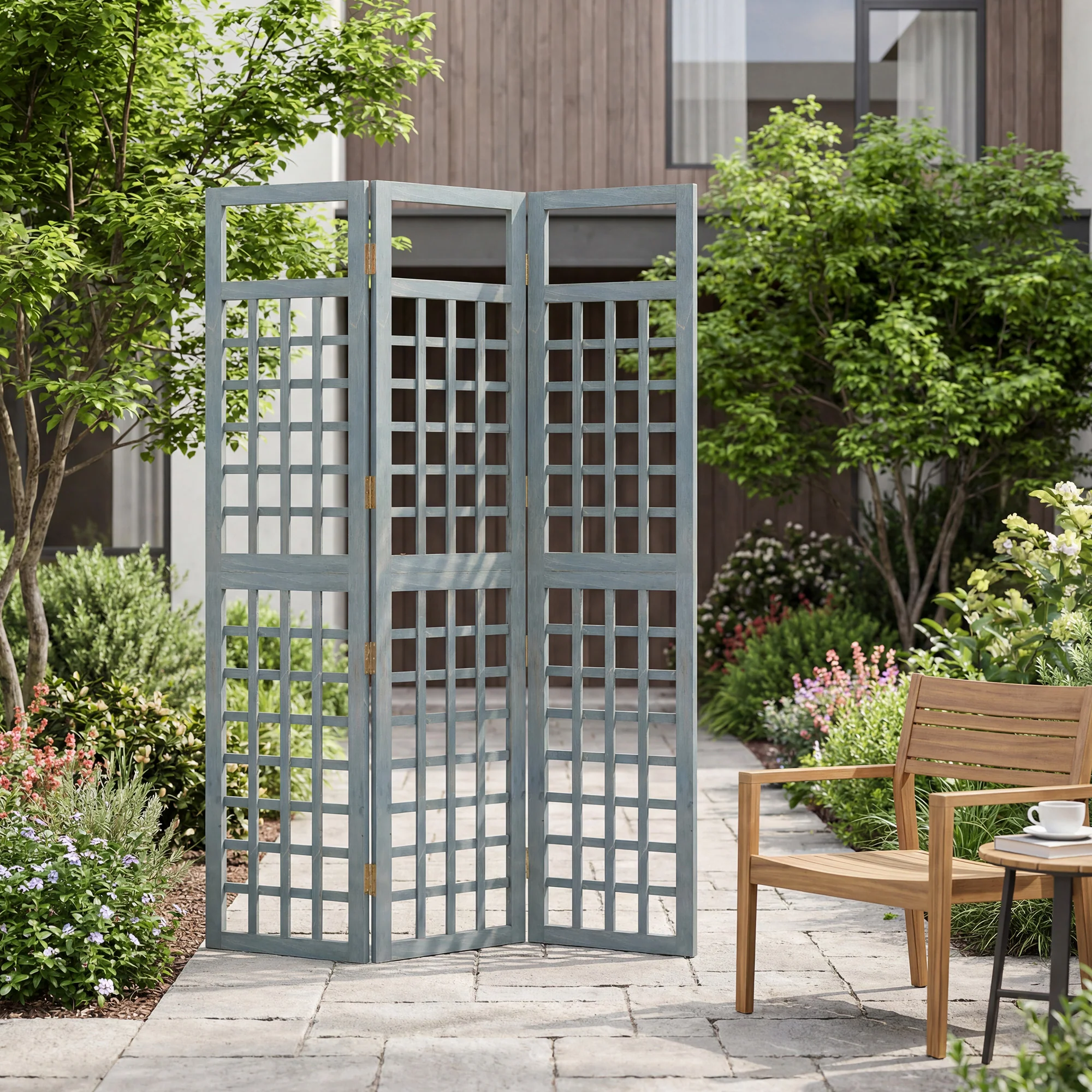 Outsunny 3-Panel Garden Privacy Screen, Foldable Wooden Divider, Grey - Image 7