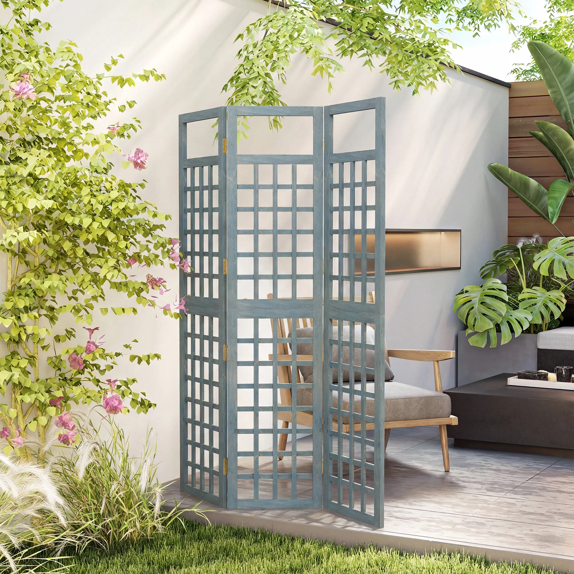 Outsunny 3-Panel Garden Privacy Screen, Foldable Wooden Divider, Grey - Image 8
