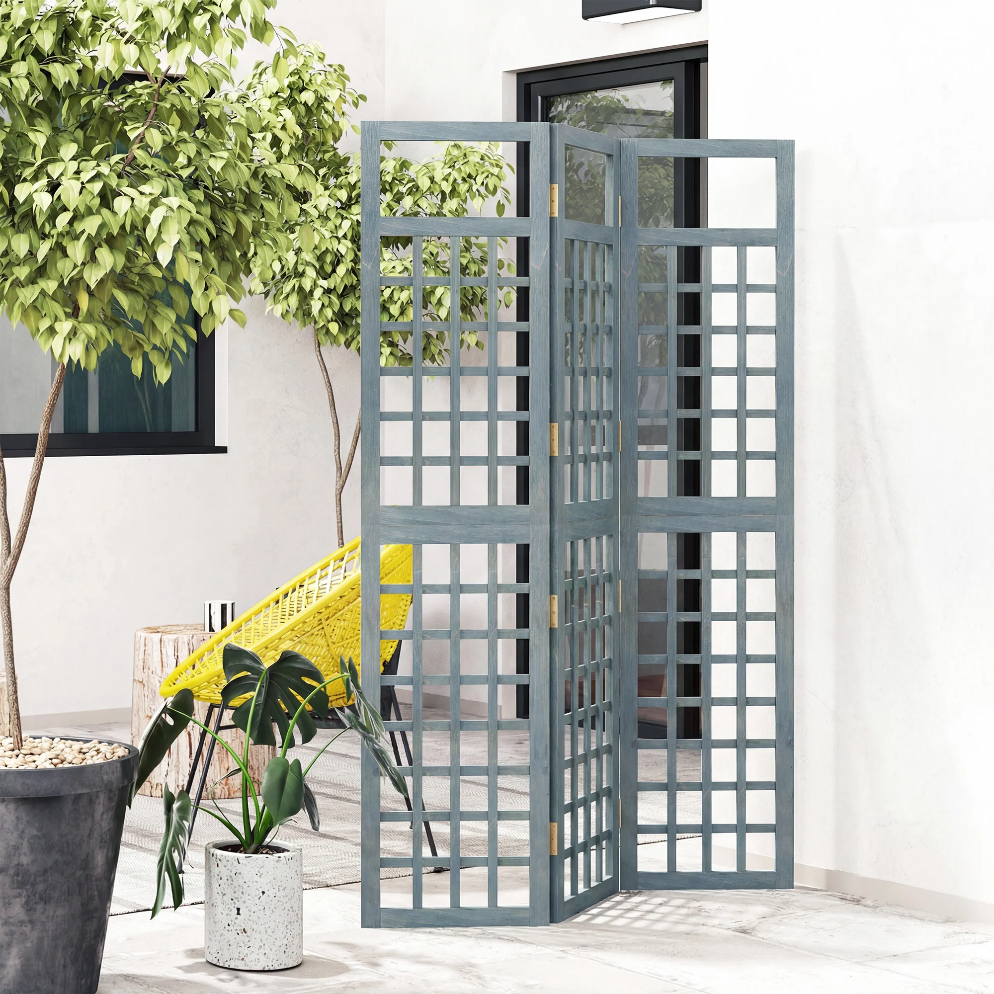 Outsunny 3-Panel Garden Privacy Screen, Foldable Wooden Divider, Grey - Image 9
