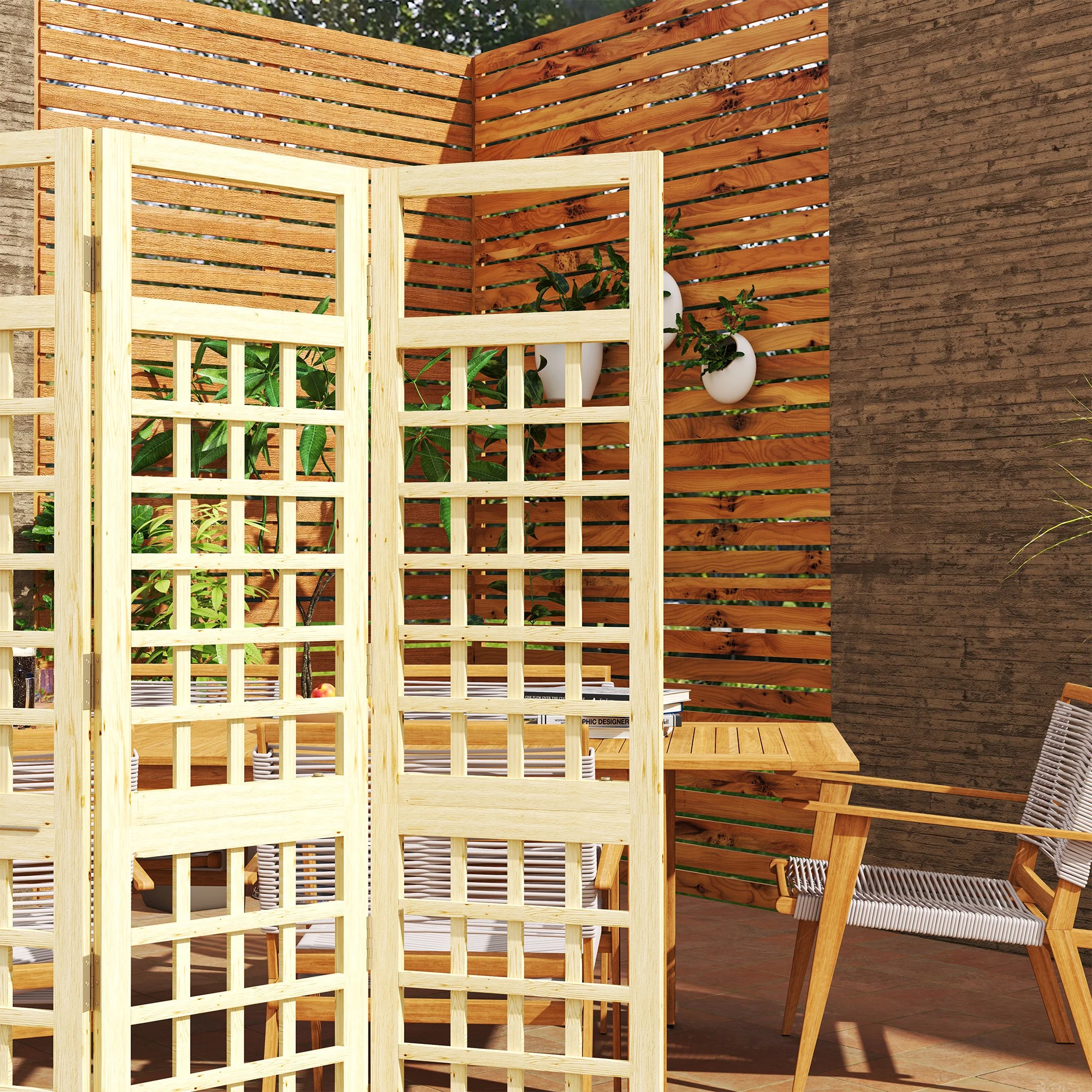 Outsunny 3-Panel Wooden Garden Privacy Screen, Natural Wood Finish - Image 7