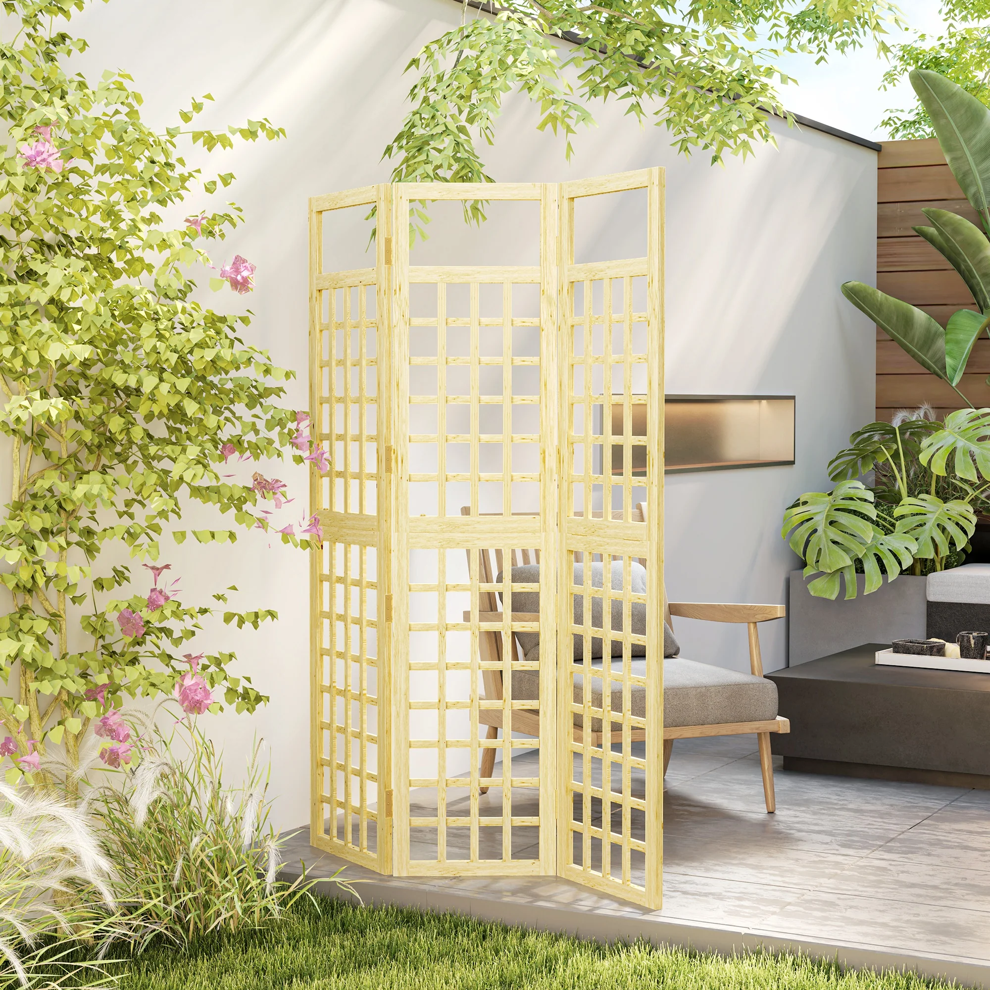 Outsunny 3-Panel Wooden Garden Privacy Screen, Natural Wood Finish - Image 8