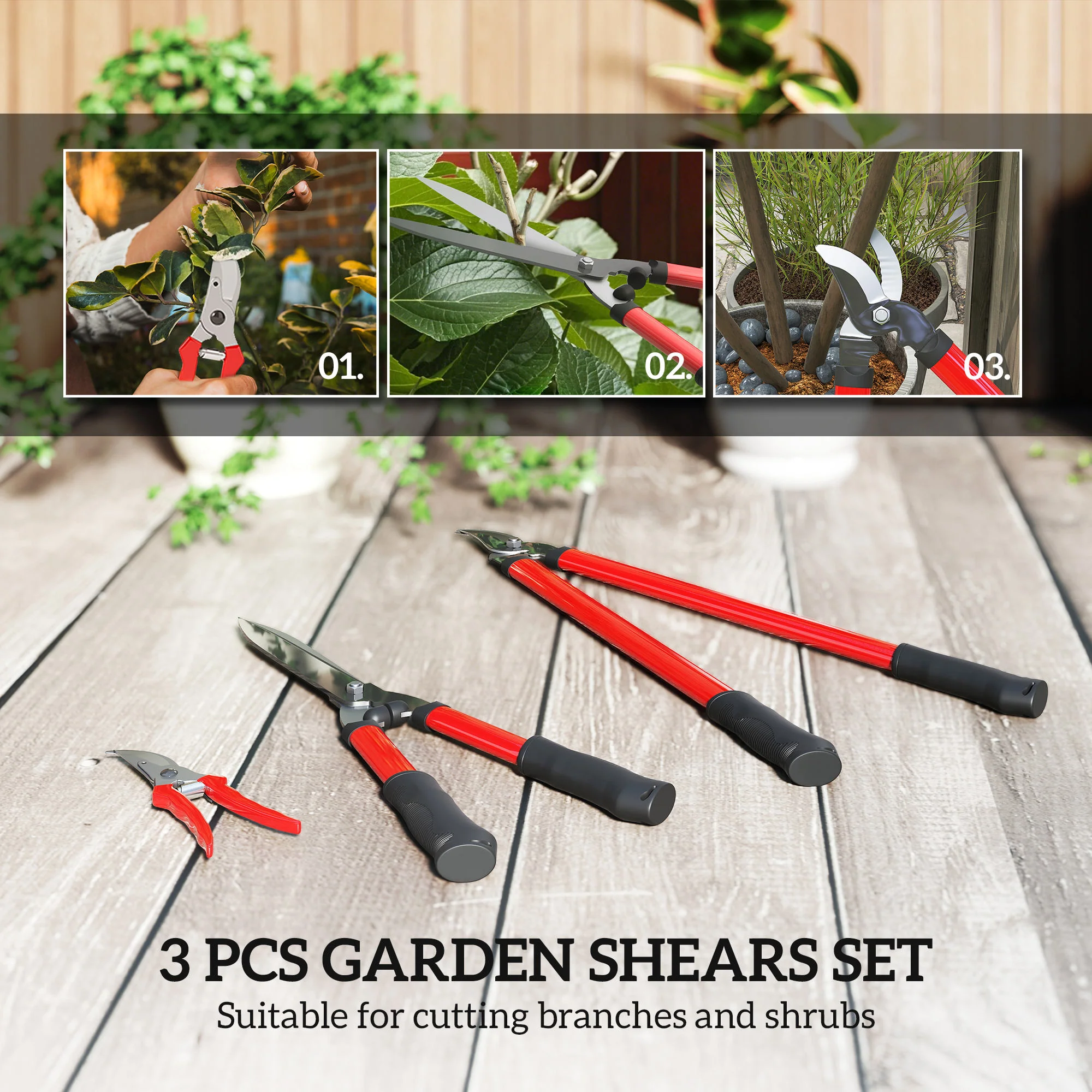 Outsunny 3 PC Garden Shears Set w/ Hedge Shears, Lopper, Garden Secateurs - Image 3