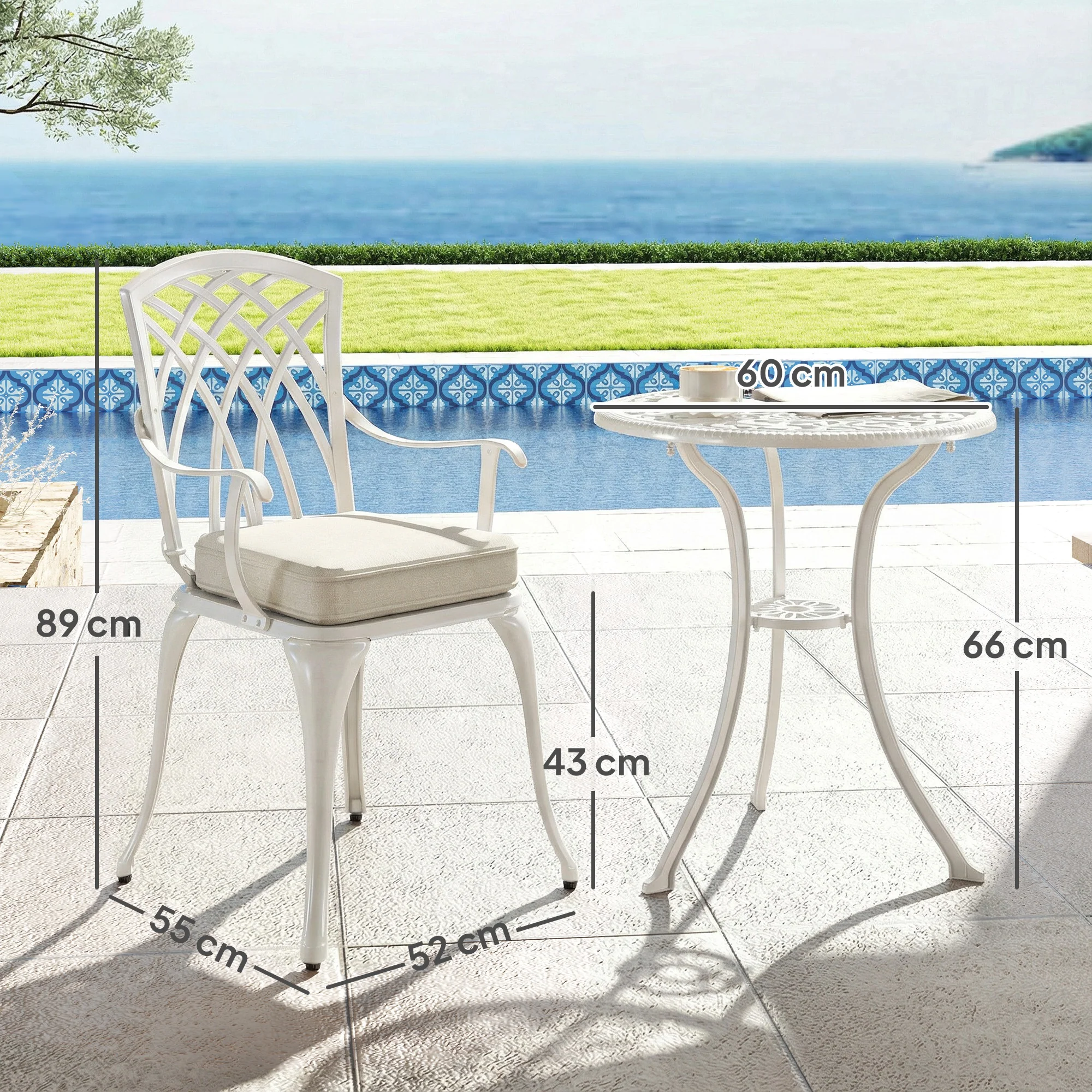 Outsunny 3 PCs Aluminium Garden Coffee Table Set W/ Parasol Hole & Cushions - Image 3