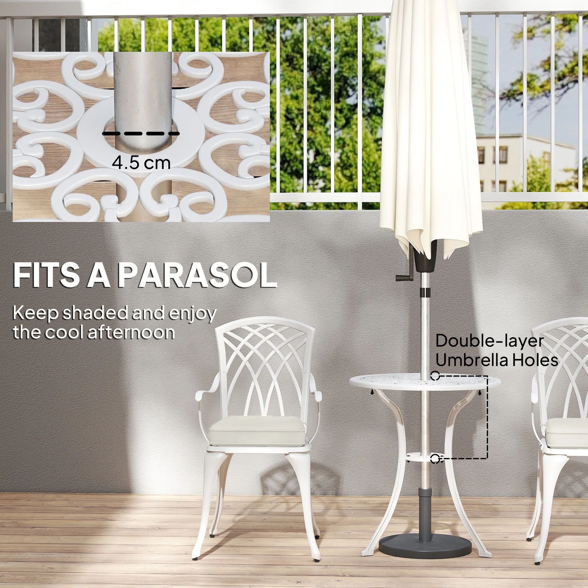 Outsunny 3 PCs Aluminium Garden Coffee Table Set W/ Parasol Hole & Cushions - Image 4