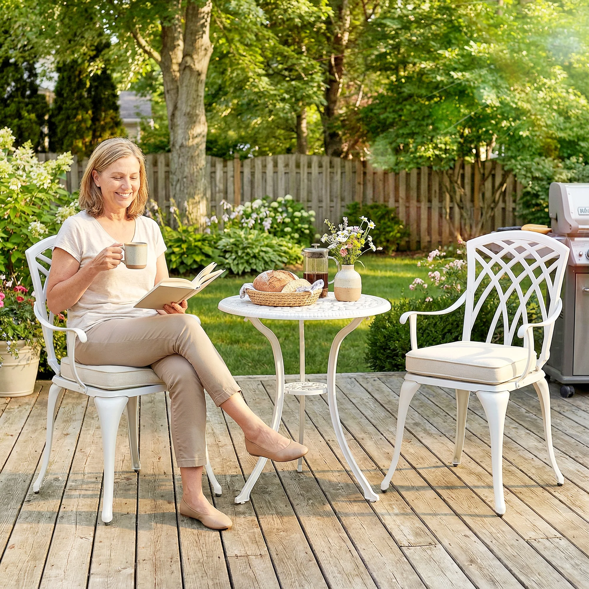 Outsunny 3 PCs Aluminium Garden Coffee Table Set W/ Parasol Hole & Cushions - Image 9