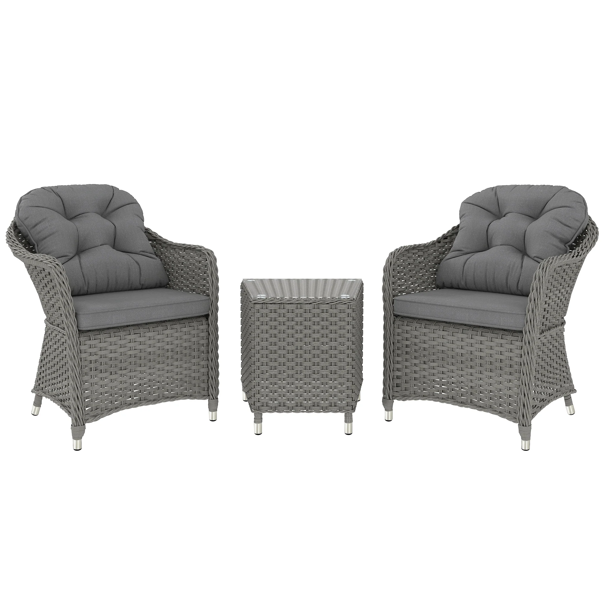 Outsunny 3 PCS Aluminium Rattan Bistro Set With Soft Cushions & Glass Top