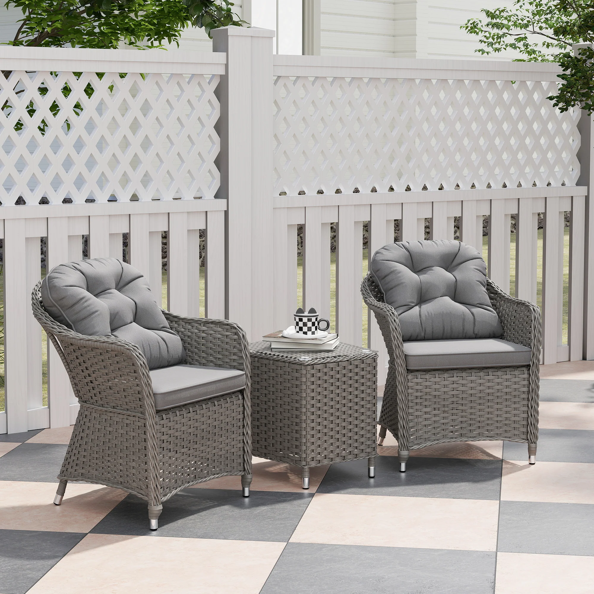 Outsunny 3 PCS Aluminium Rattan Bistro Set With Soft Cushions & Glass Top - Image 2
