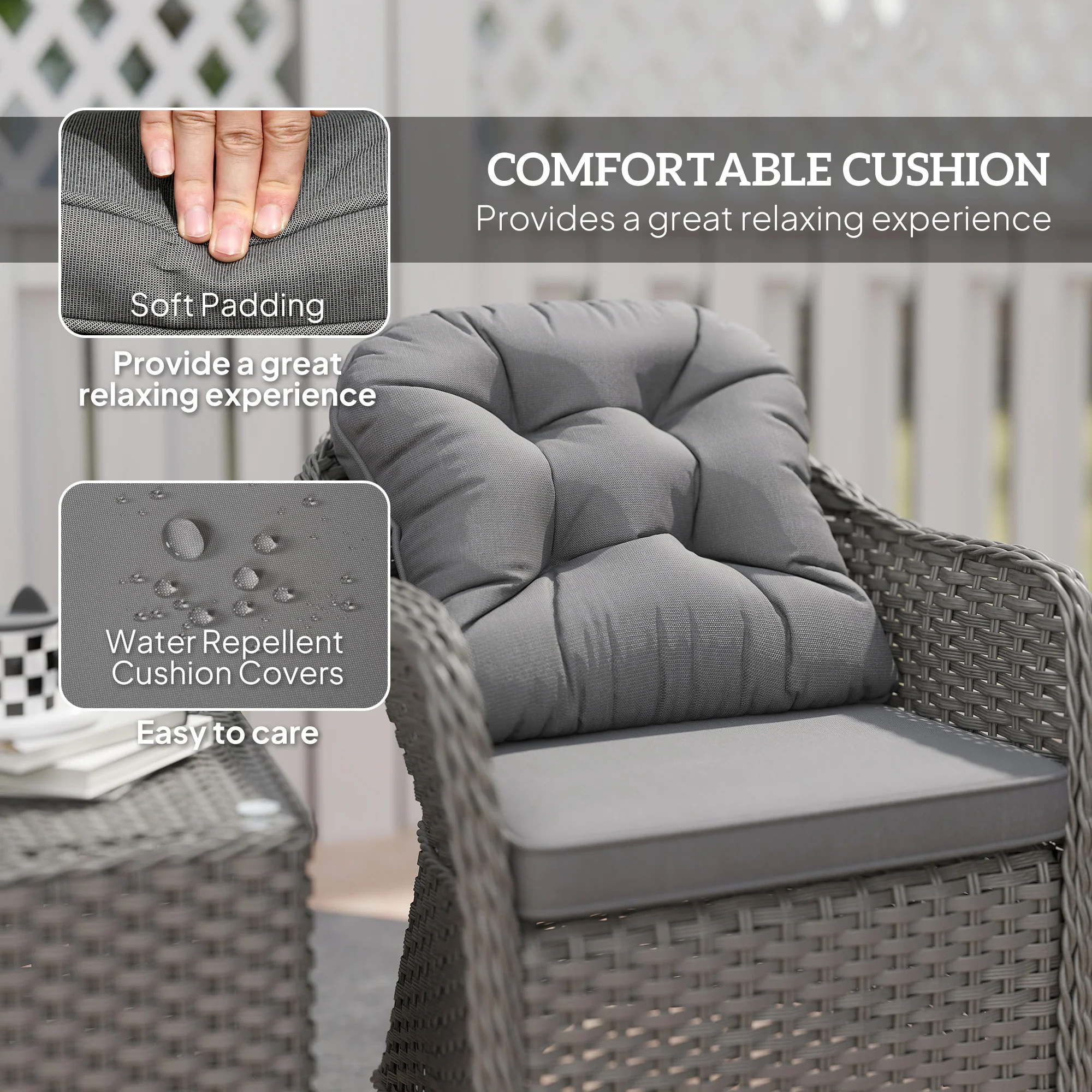 Outsunny 3 PCS Aluminium Rattan Bistro Set With Soft Cushions & Glass Top - Image 4