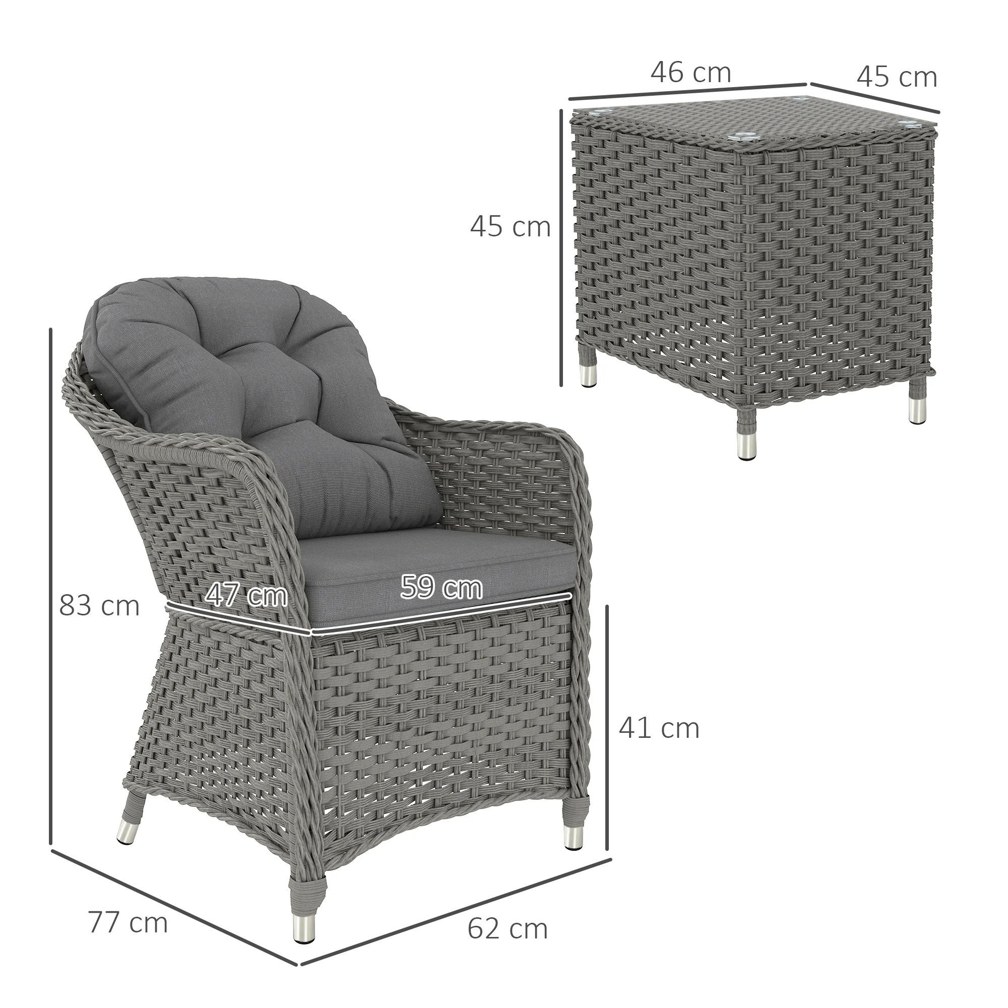 Outsunny 3 PCS Aluminium Rattan Bistro Set With Soft Cushions & Glass Top - Image 5