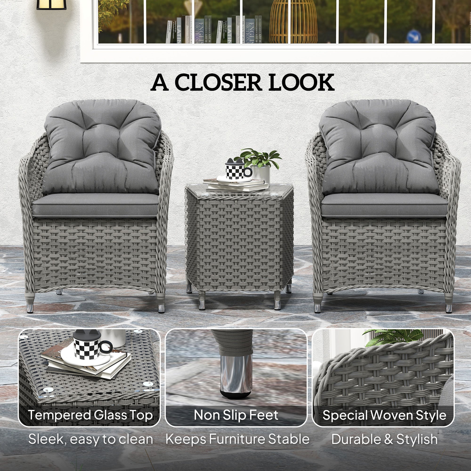 Outsunny 3 PCS Aluminium Rattan Bistro Set With Soft Cushions & Glass Top - Image 6