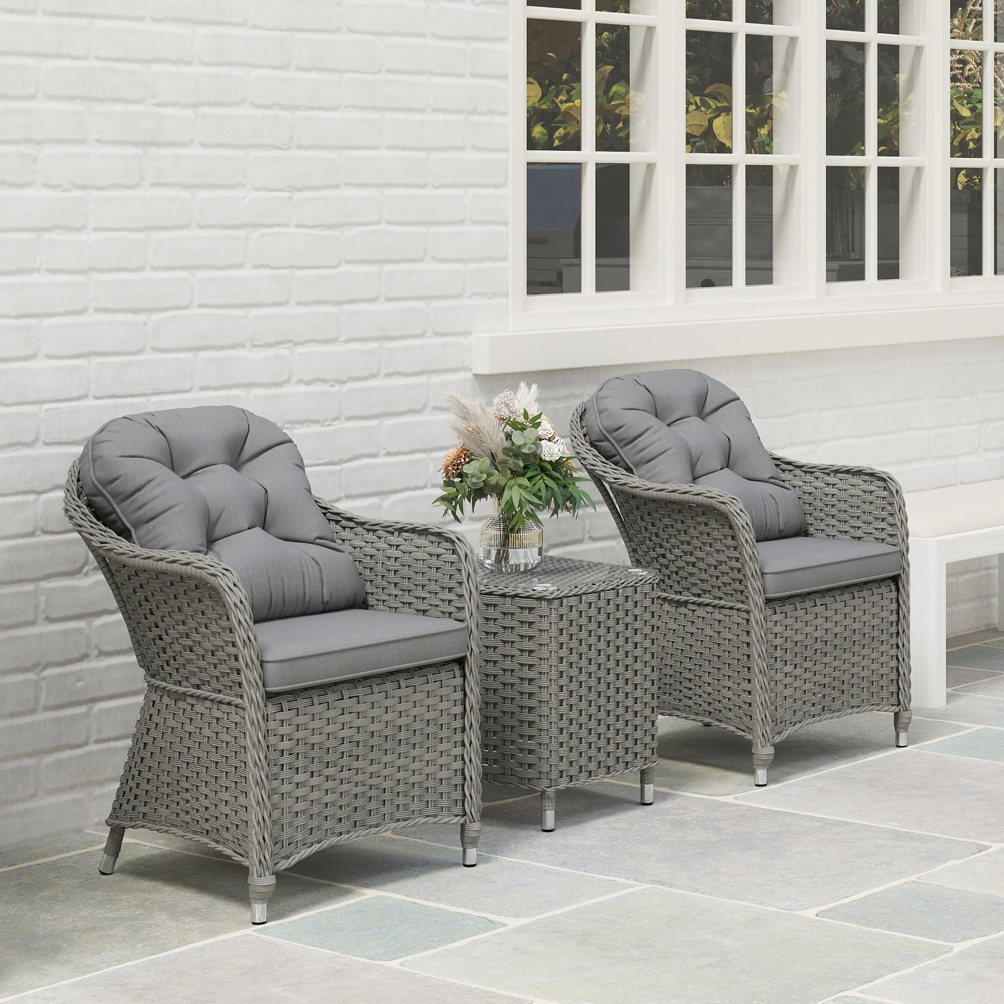 Outsunny 3 PCS Aluminium Rattan Bistro Set With Soft Cushions & Glass Top - Image 7