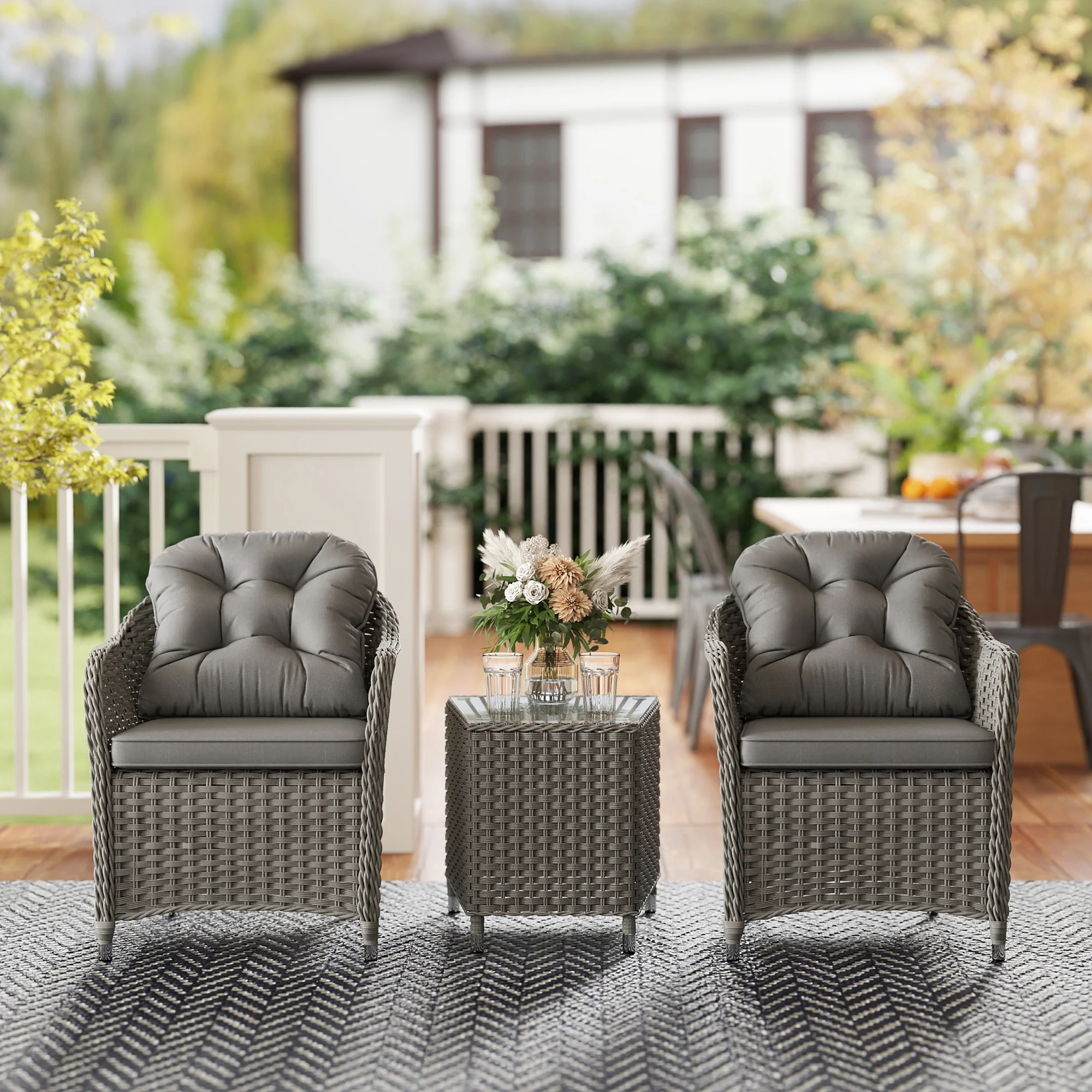 Outsunny 3 PCS Aluminium Rattan Bistro Set With Soft Cushions & Glass Top - Image 8