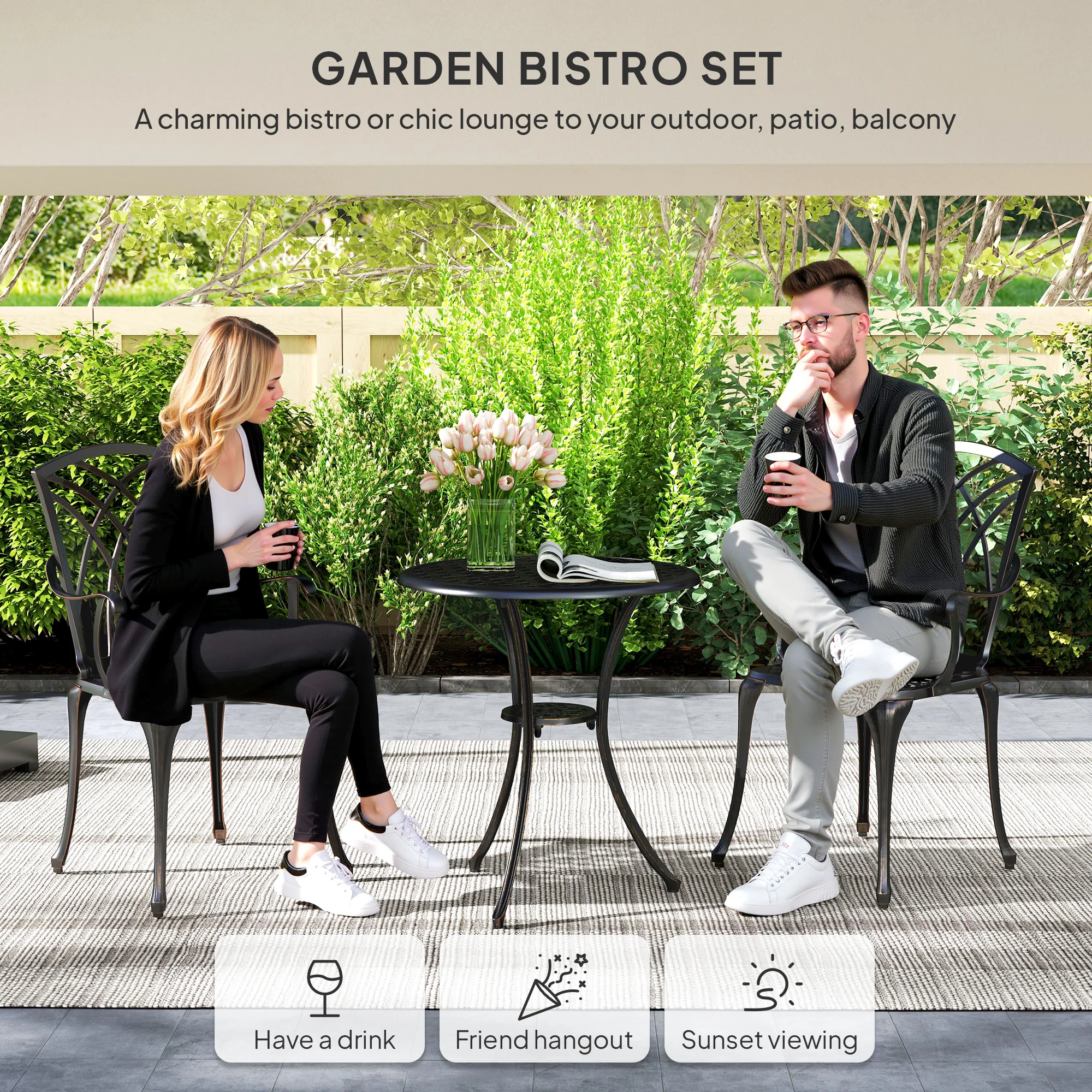 Outsunny 3 PCs Garden Bistro Set Outdoor Garden Furniture Set w/ Umbrella Hole - Image 3