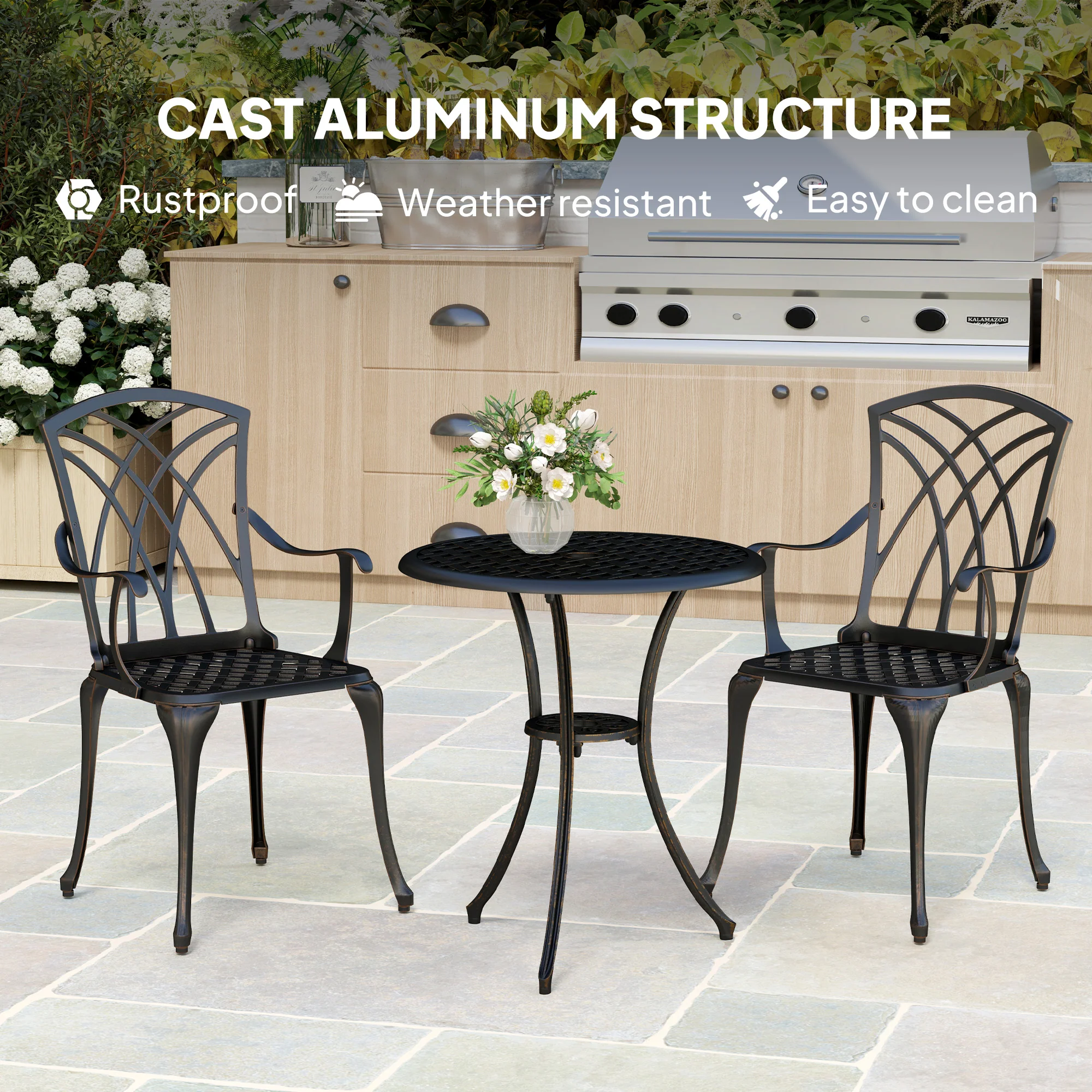 Outsunny 3 PCs Garden Bistro Set Outdoor Garden Furniture Set w/ Umbrella Hole - Image 4