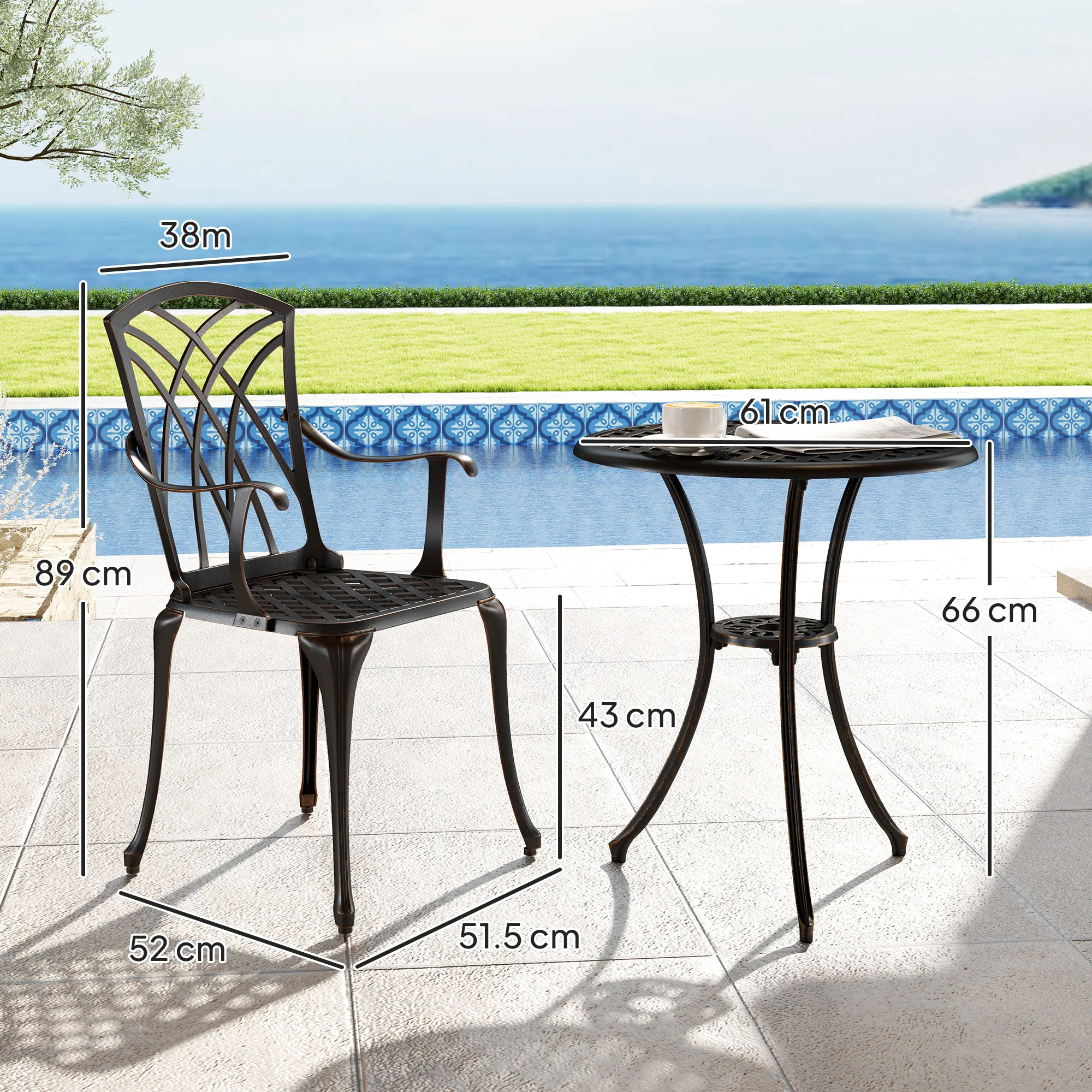 Outsunny 3 PCs Garden Bistro Set Outdoor Garden Furniture Set w/ Umbrella Hole - Image 5