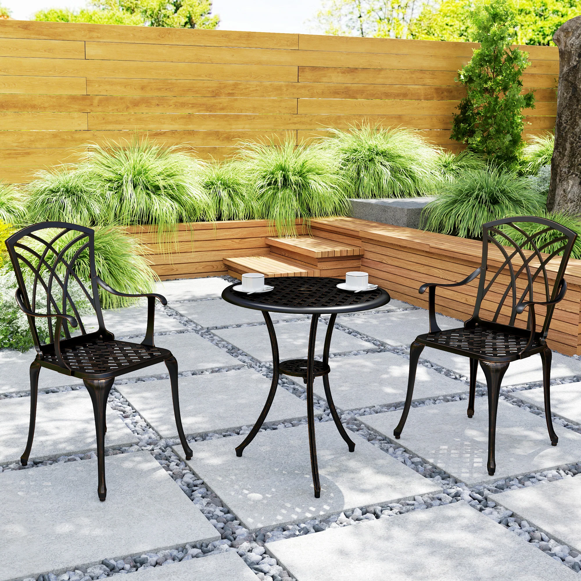 Outsunny 3 PCs Garden Bistro Set Outdoor Garden Furniture Set w/ Umbrella Hole - Image 8