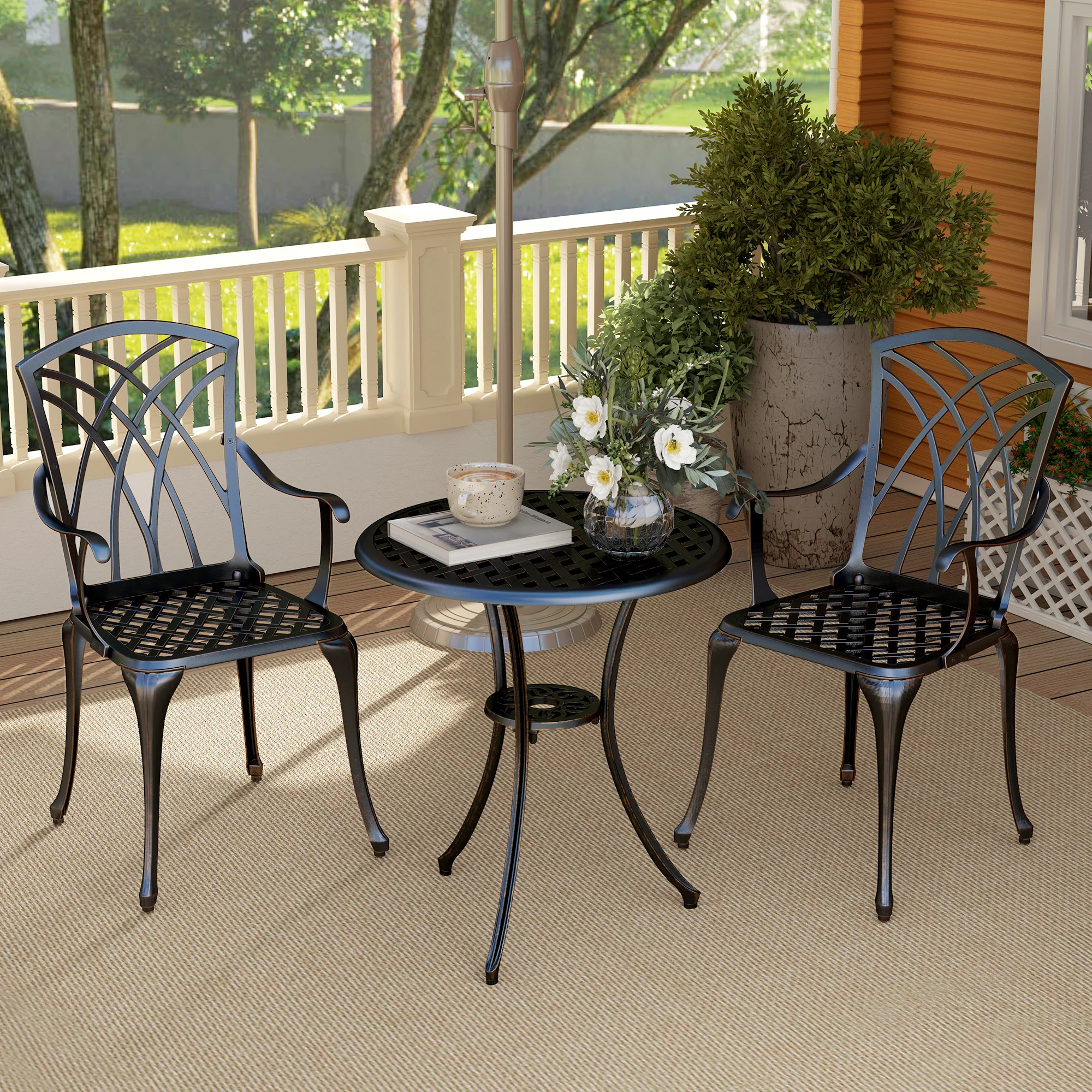Outsunny 3 PCs Garden Bistro Set Outdoor Garden Furniture Set w/ Umbrella Hole - Image 9