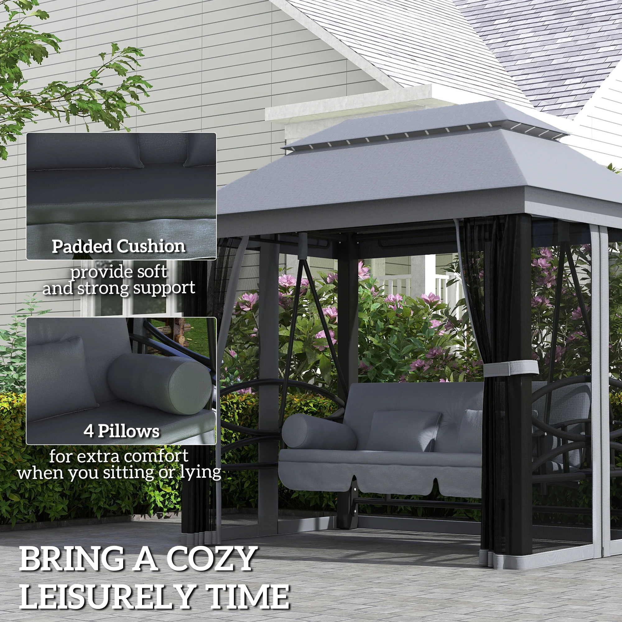 Outsunny 3 Person Canopy Gazebo Swing Outdoor Patio Lounge W/ Mesh Walls, Grey - Image 7