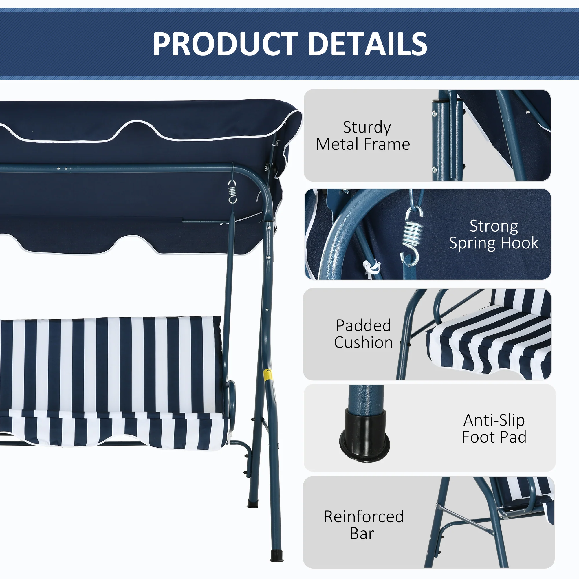 Outsunny 3-person Garden Swing Chair W/ Adjustable Canopy, Stripes - Image 13