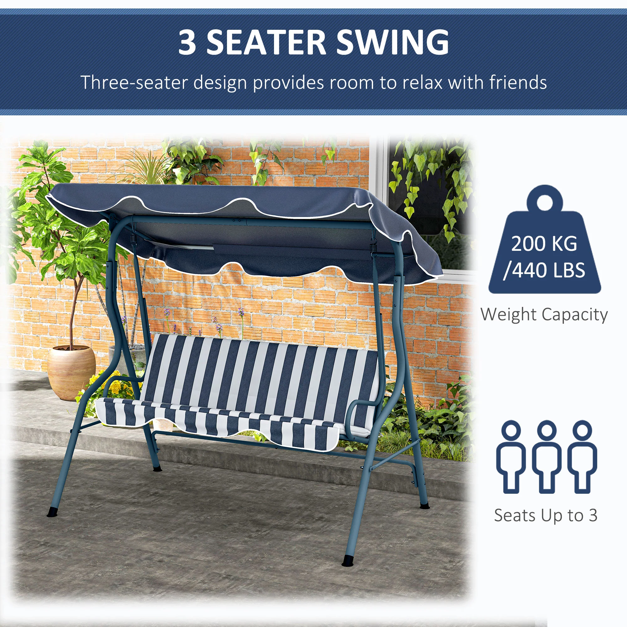 Outsunny 3-person Garden Swing Chair W/ Adjustable Canopy, Stripes - Image 15
