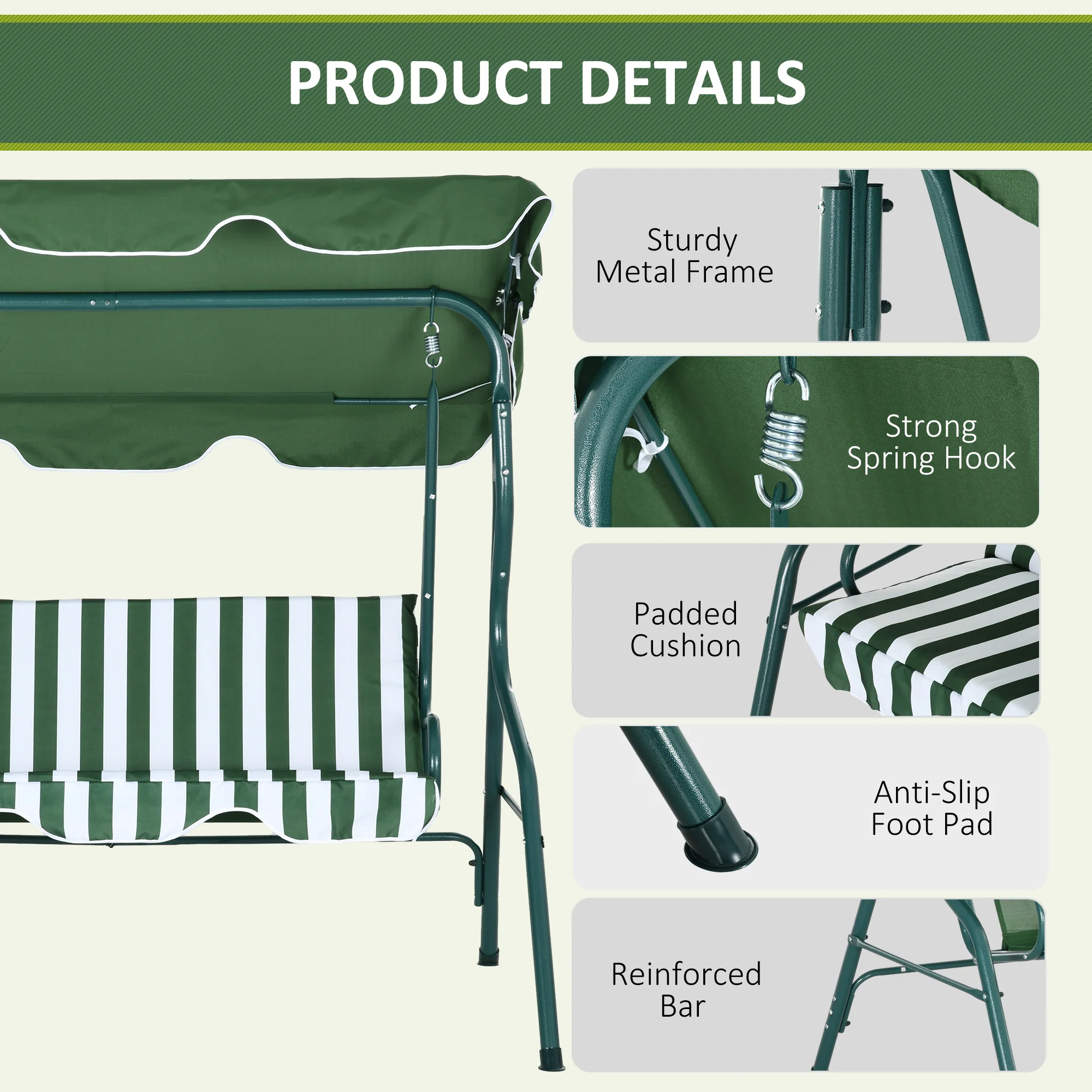 Outsunny 3-person Garden Swing Chair W/ Adjustable Canopy, Stripes - Image 4