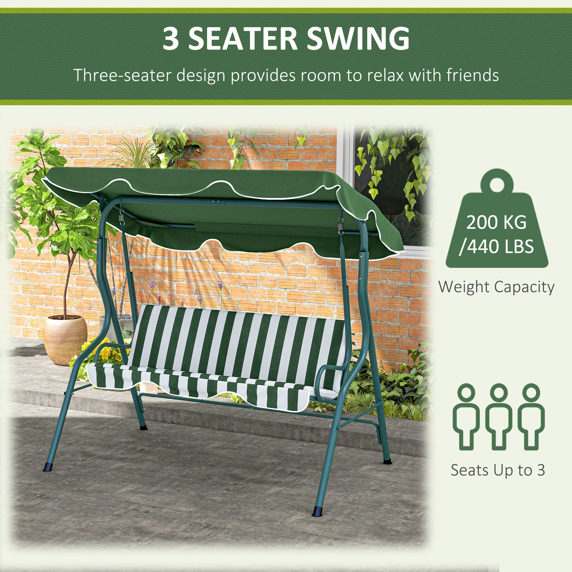 Outsunny 3-person Garden Swing Chair W/ Adjustable Canopy, Stripes - Image 6