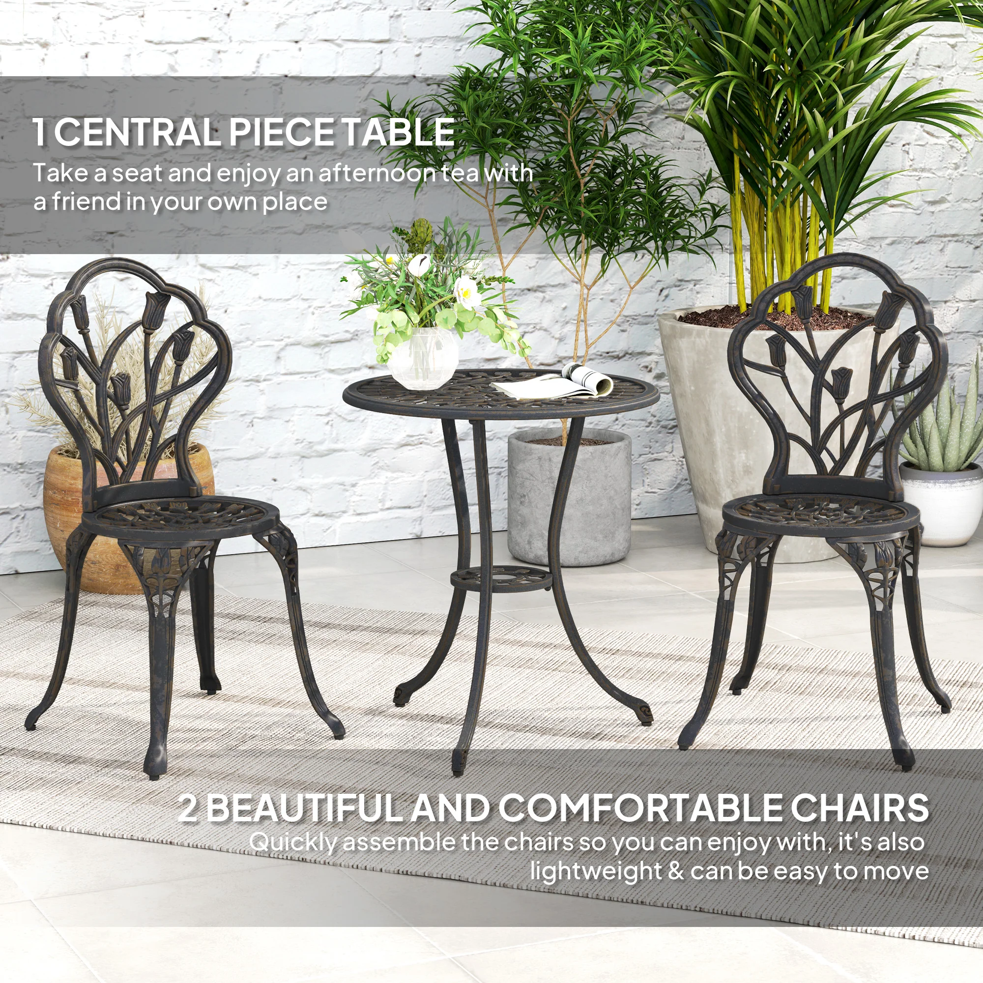 Outsunny 3 Piece Bistro Set, Aluminium Garden Furniture With Umbrella Hole - Image 3
