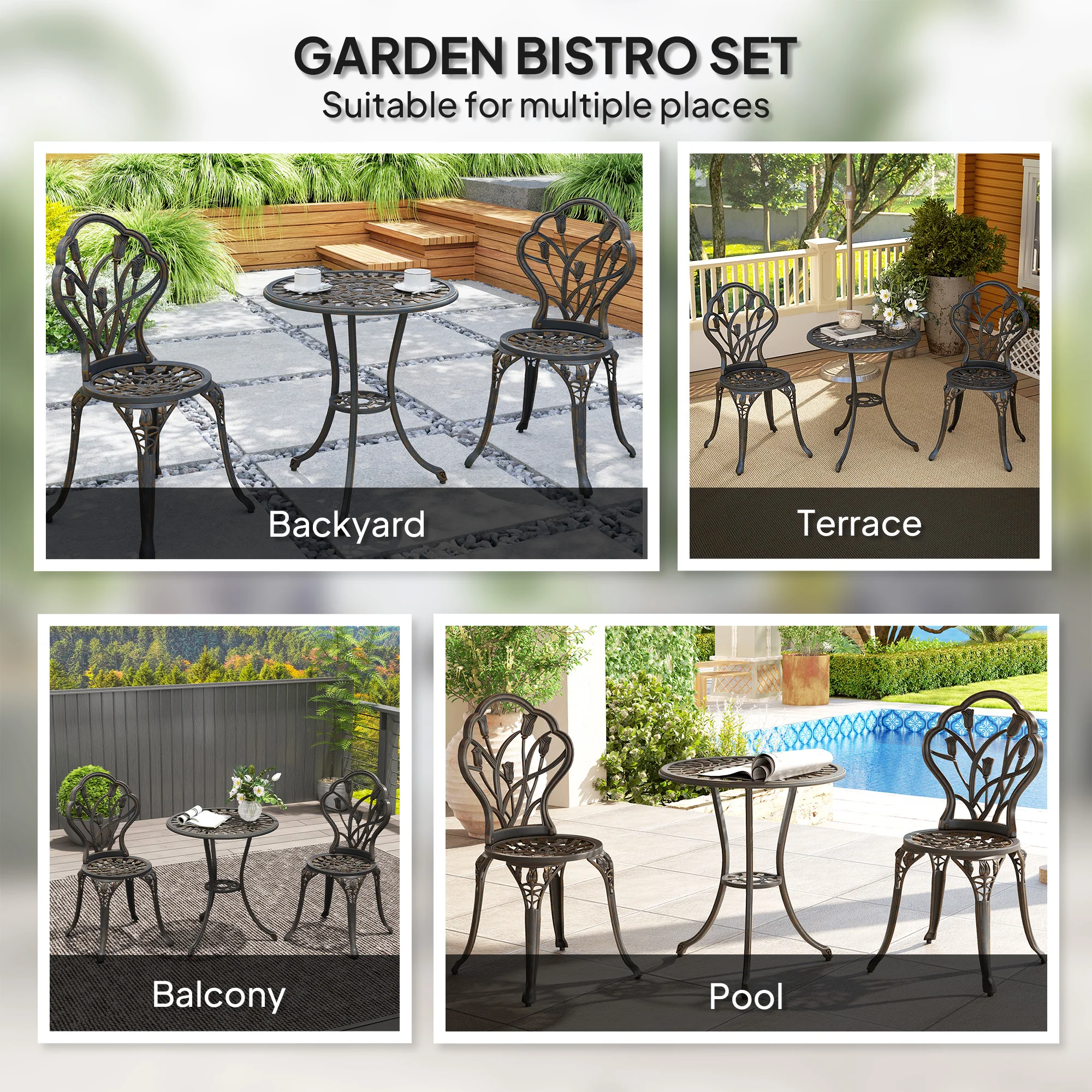 Outsunny 3 Piece Bistro Set, Aluminium Garden Furniture With Umbrella Hole - Image 6