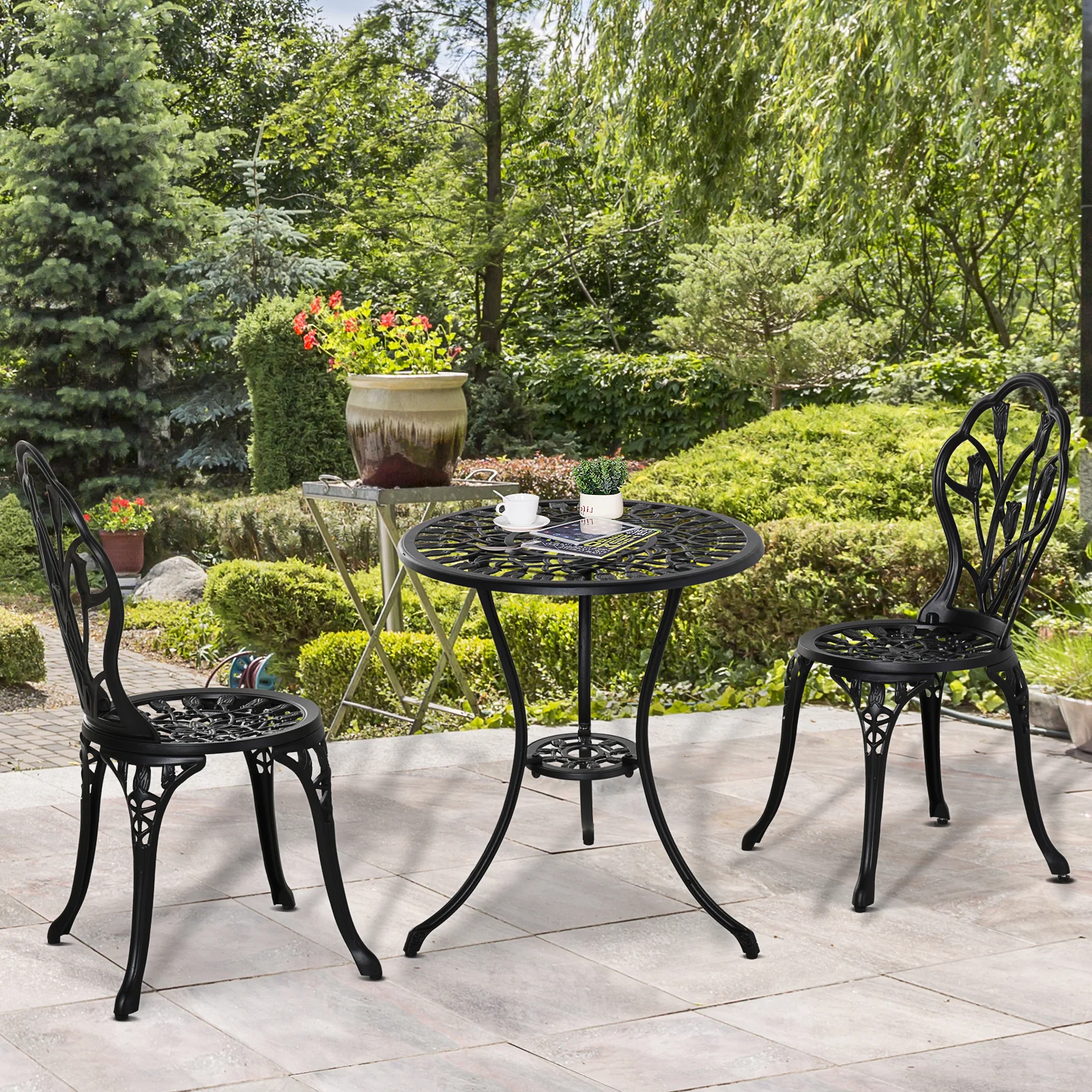 Outsunny 3 Piece Bistro Set, Aluminium Garden Furniture With Umbrella Hole - Image 2