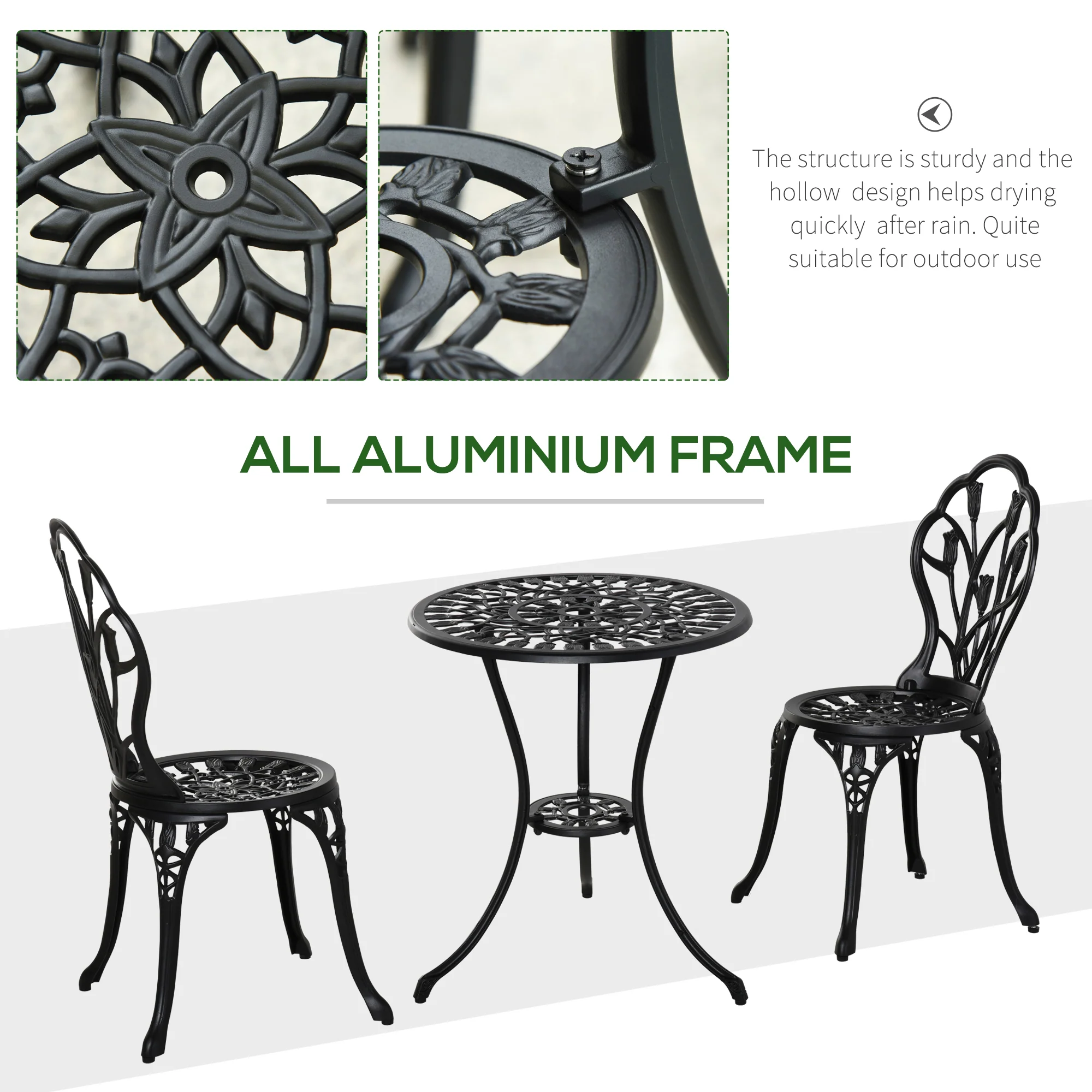 Outsunny 3 Piece Bistro Set, Aluminium Garden Furniture With Umbrella Hole - Image 4