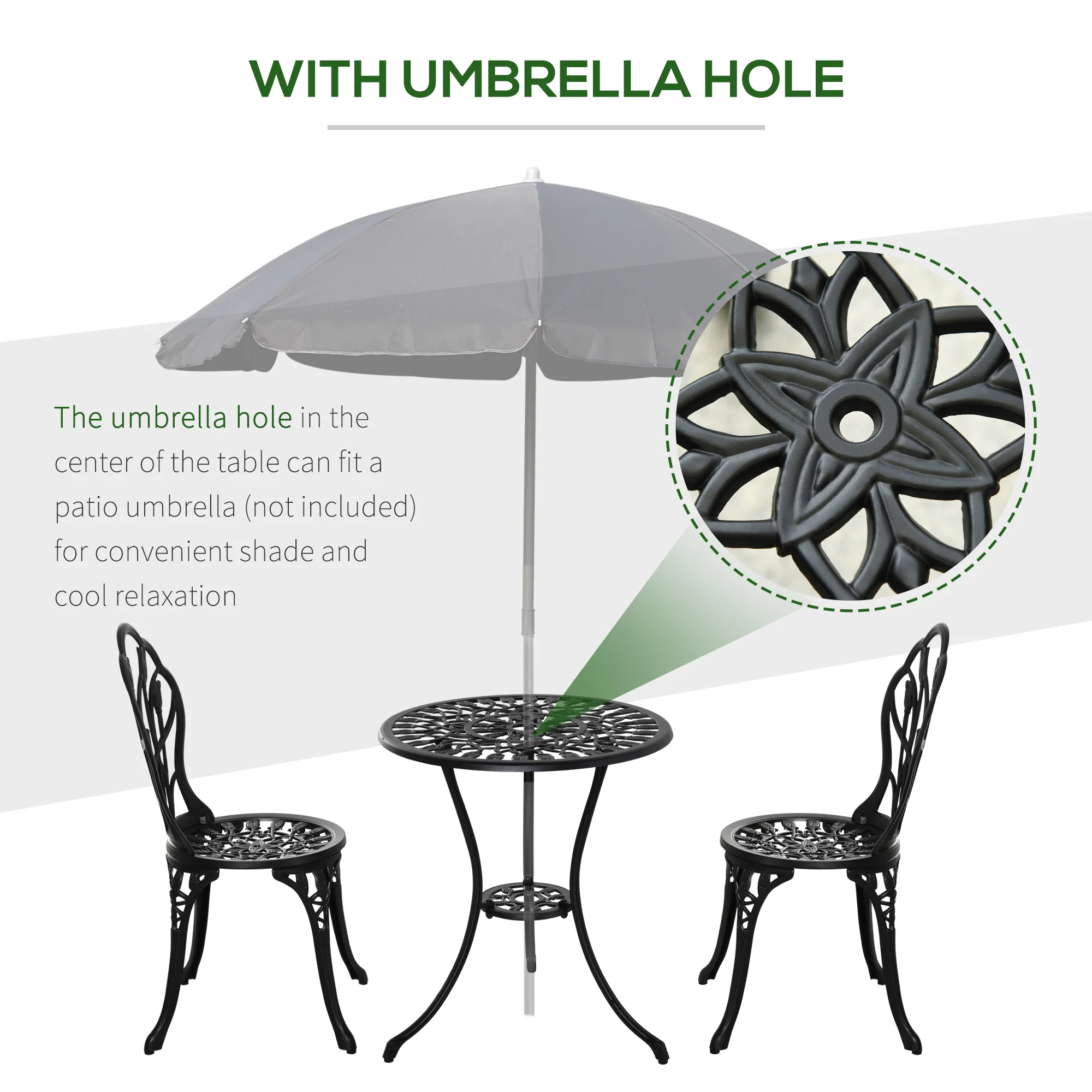 Outsunny 3 Piece Bistro Set, Aluminium Garden Furniture With Umbrella Hole - Image 6