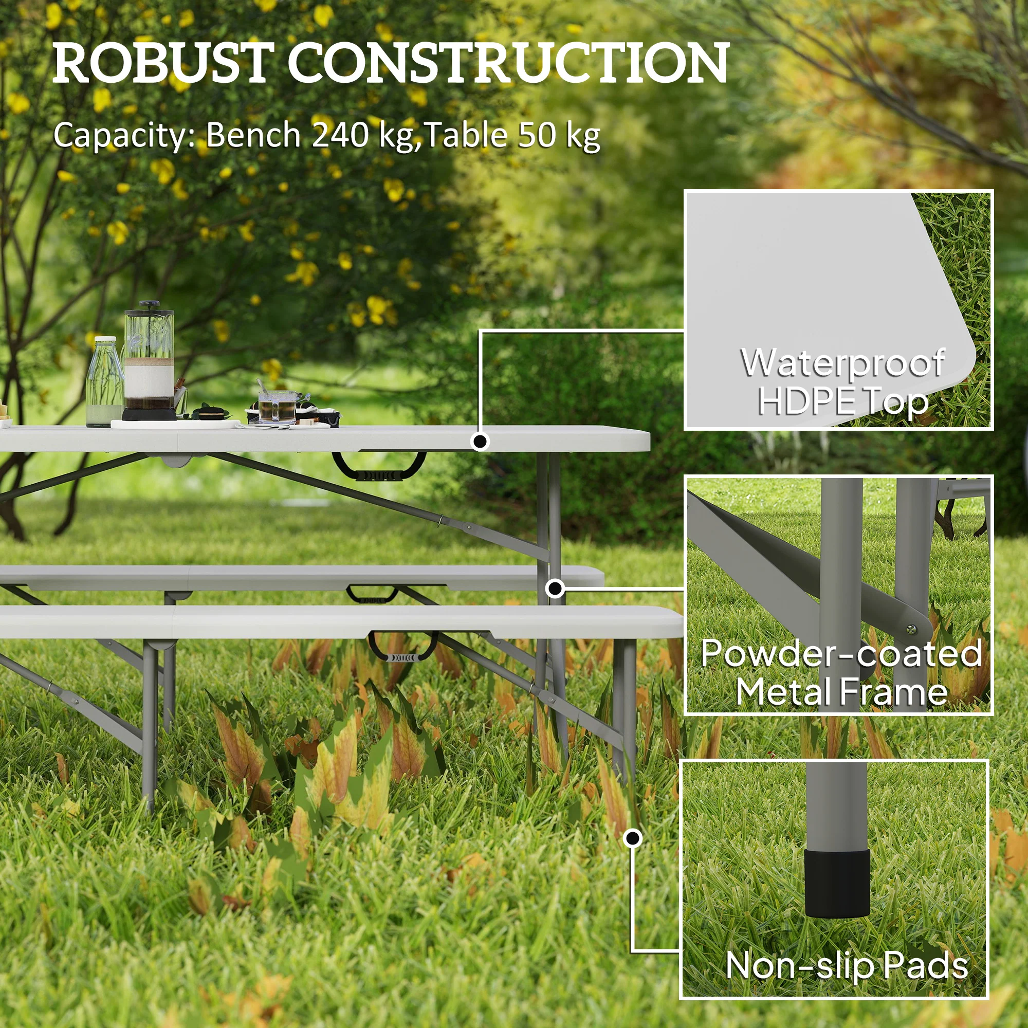 Outsunny 3 Piece Folding Picnic Table and Bench Set with Handles, White - Image 3