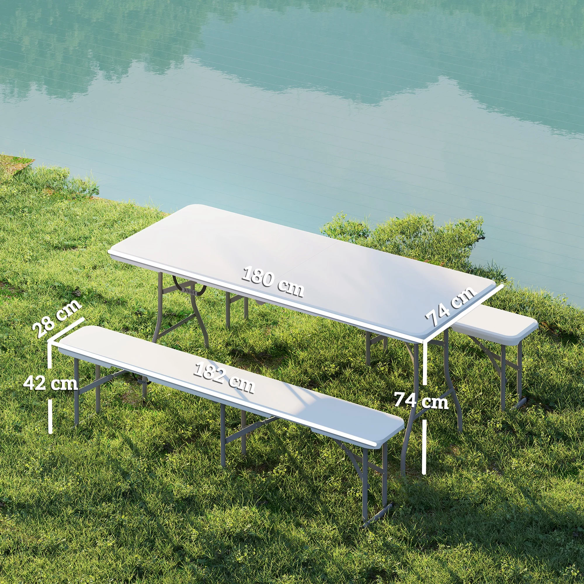 Outsunny 3 Piece Folding Picnic Table and Bench Set with Handles, White - Image 5