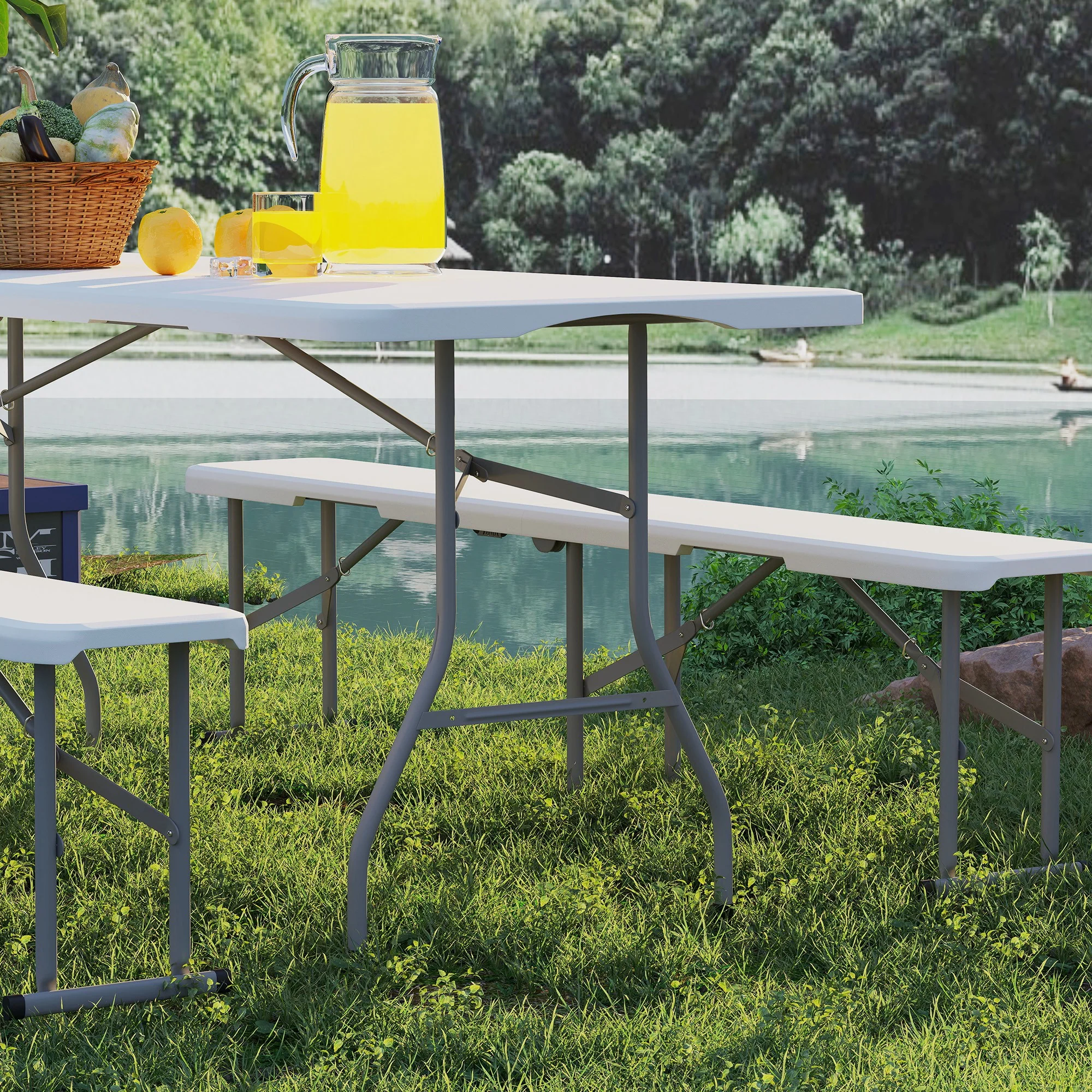 Outsunny 3 Piece Folding Picnic Table and Bench Set with Handles, White - Image 7