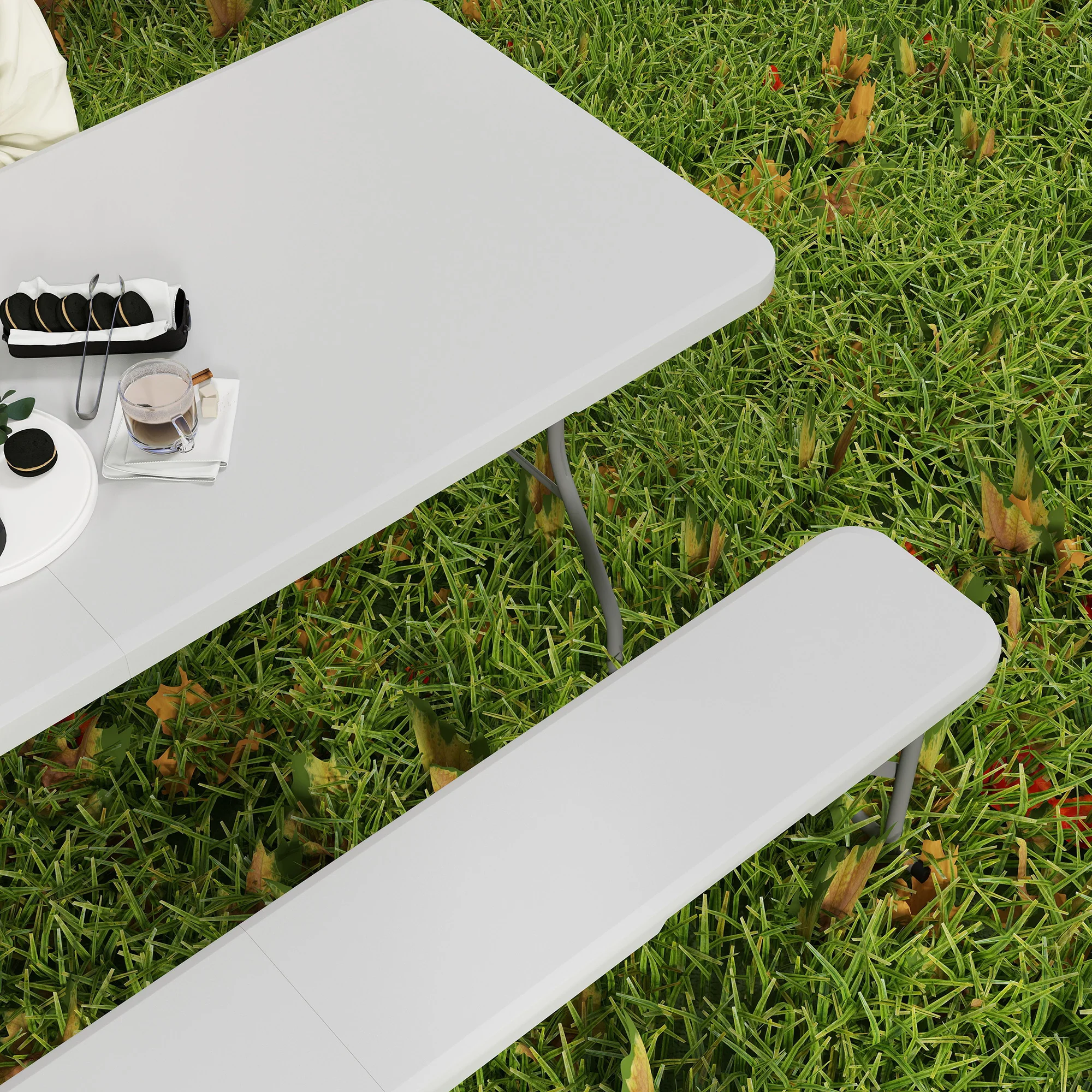 Outsunny 3 Piece Folding Picnic Table and Bench Set with Handles, White - Image 8
