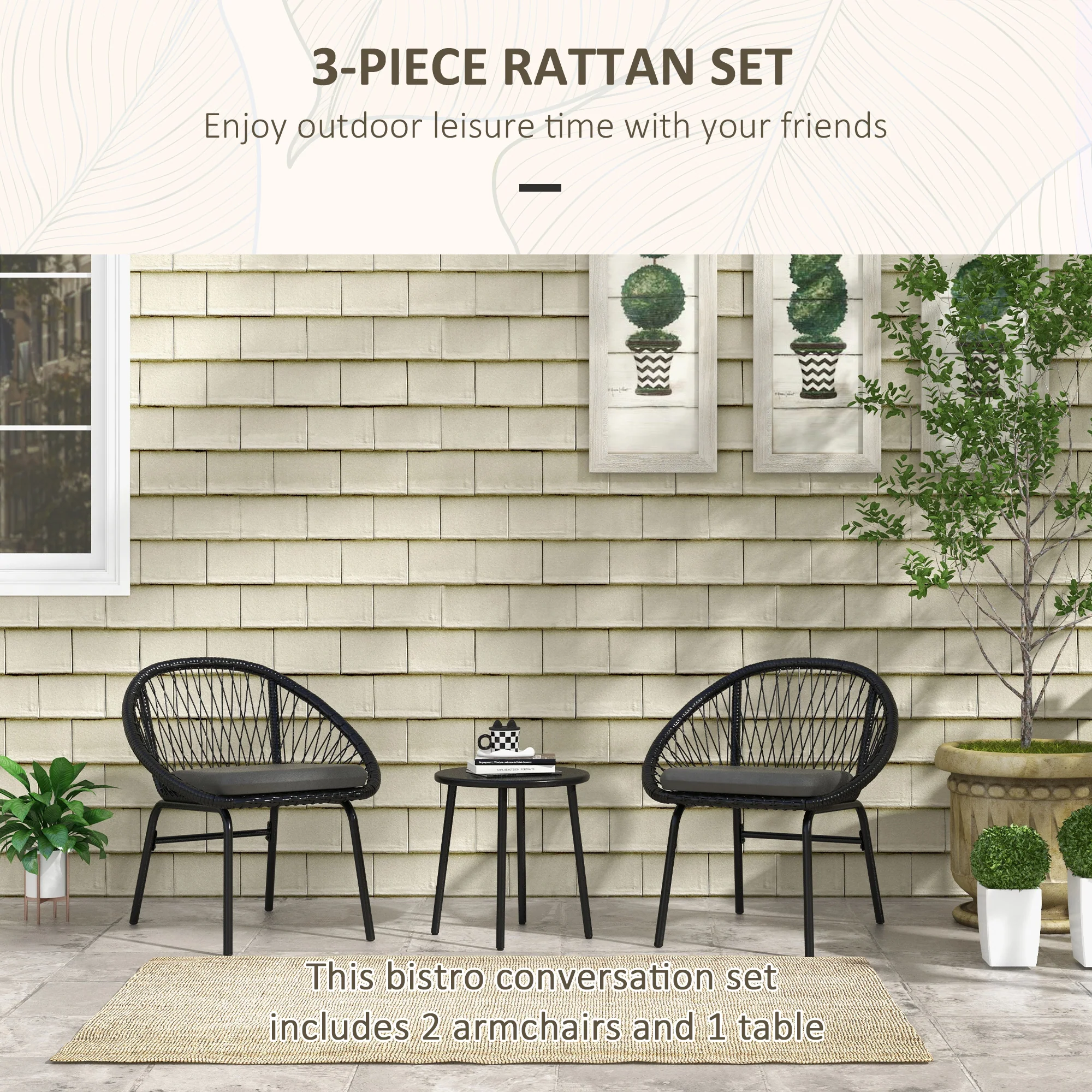 Outsunny 3 Piece Garden Furniture Set, Bistro Set W/ 2 Chairs & 1 Coffee Table - Image 3