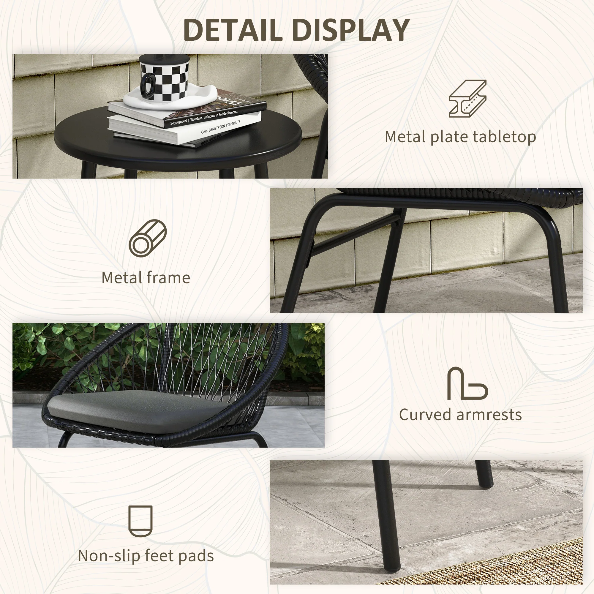 Outsunny 3 Piece Garden Furniture Set, Bistro Set W/ 2 Chairs & 1 Coffee Table - Image 7