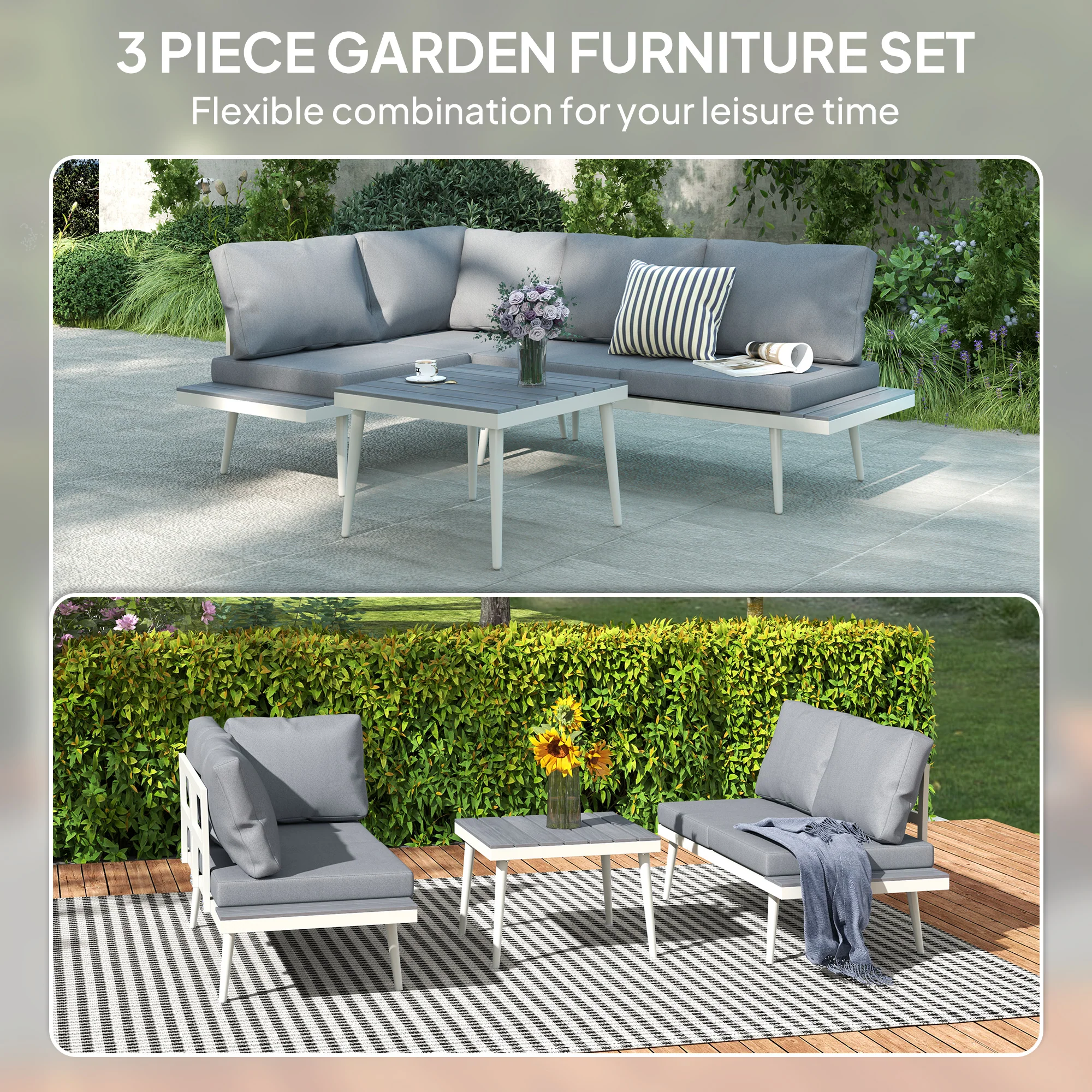 Outsunny 3 Piece Garden Furniture Set with 5-Level Adjustable Lounger, Grey - Image 3