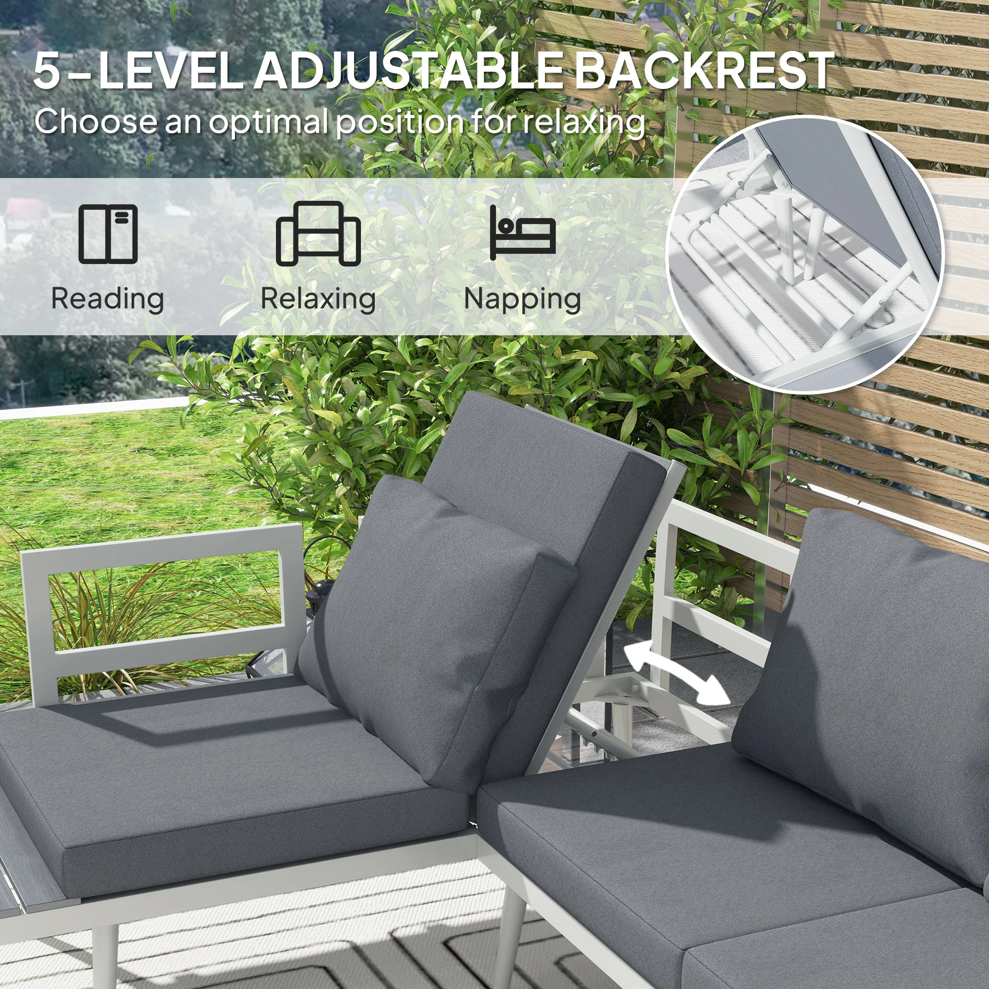 Outsunny 3 Piece Garden Furniture Set with 5-Level Adjustable Lounger, Grey - Image 4