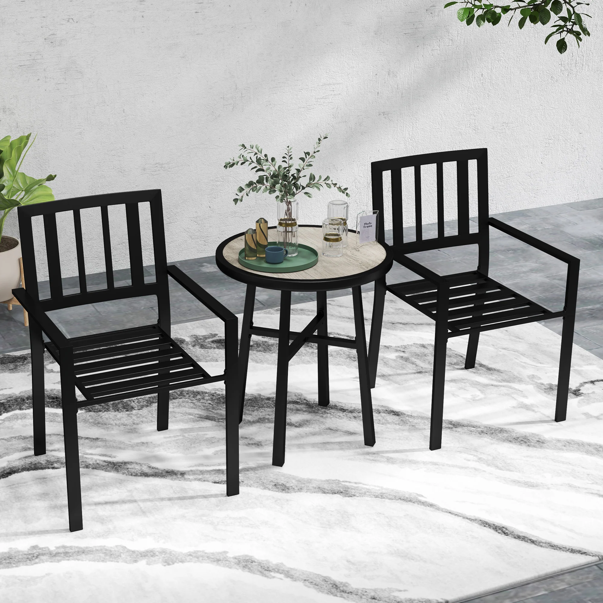 Outsunny 3 Piece Patio Bistro Set with Plastic Top, 2 Stackable Chairs, Grey - Image 2