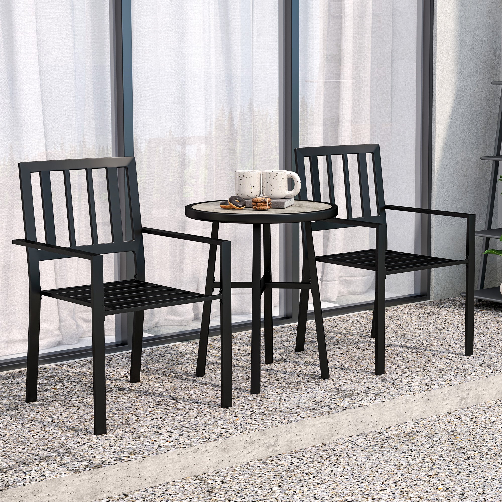 Outsunny 3 Piece Patio Bistro Set with Plastic Top, 2 Stackable Chairs, Grey - Image 7
