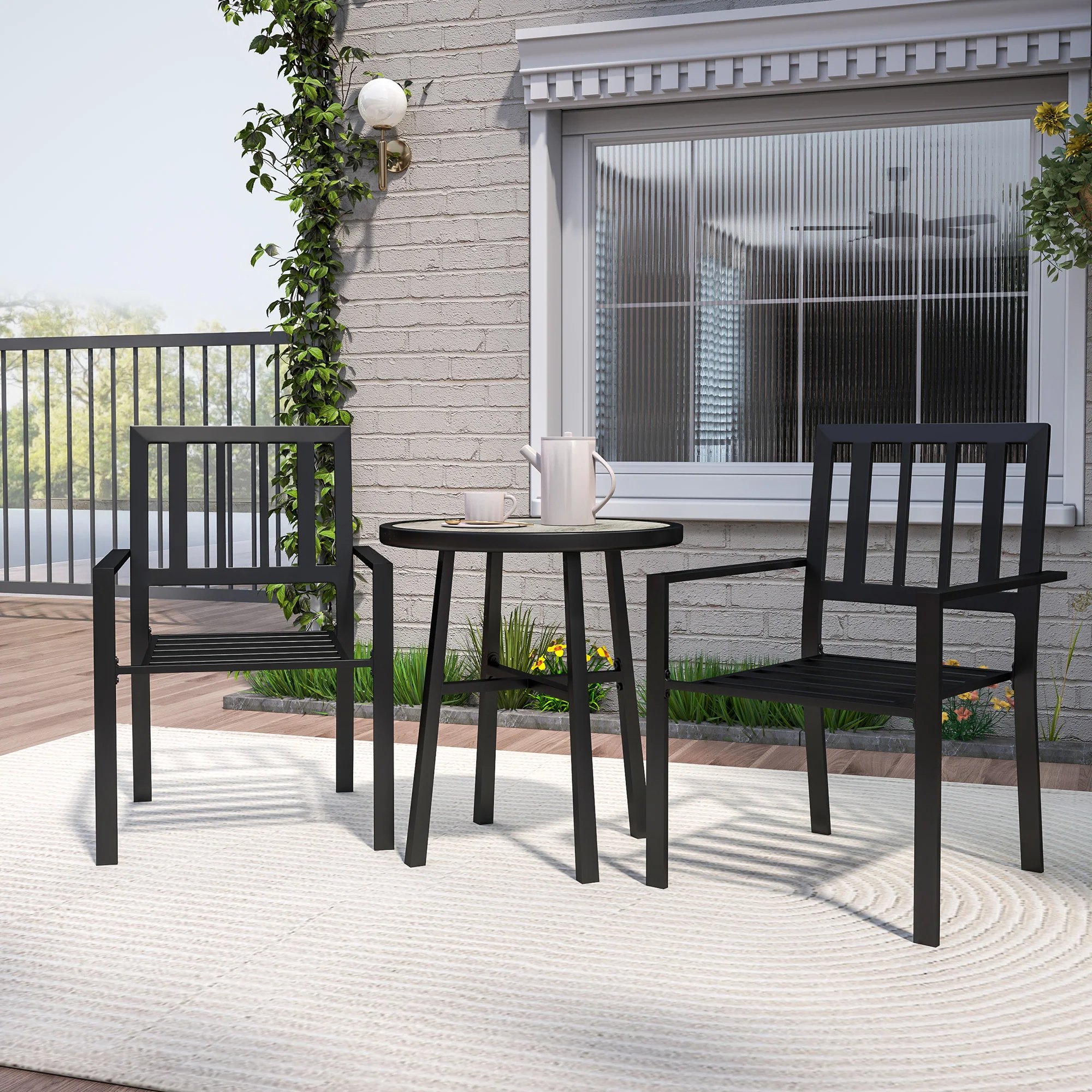 Outsunny 3 Piece Patio Bistro Set with Plastic Top, 2 Stackable Chairs, Grey - Image 8