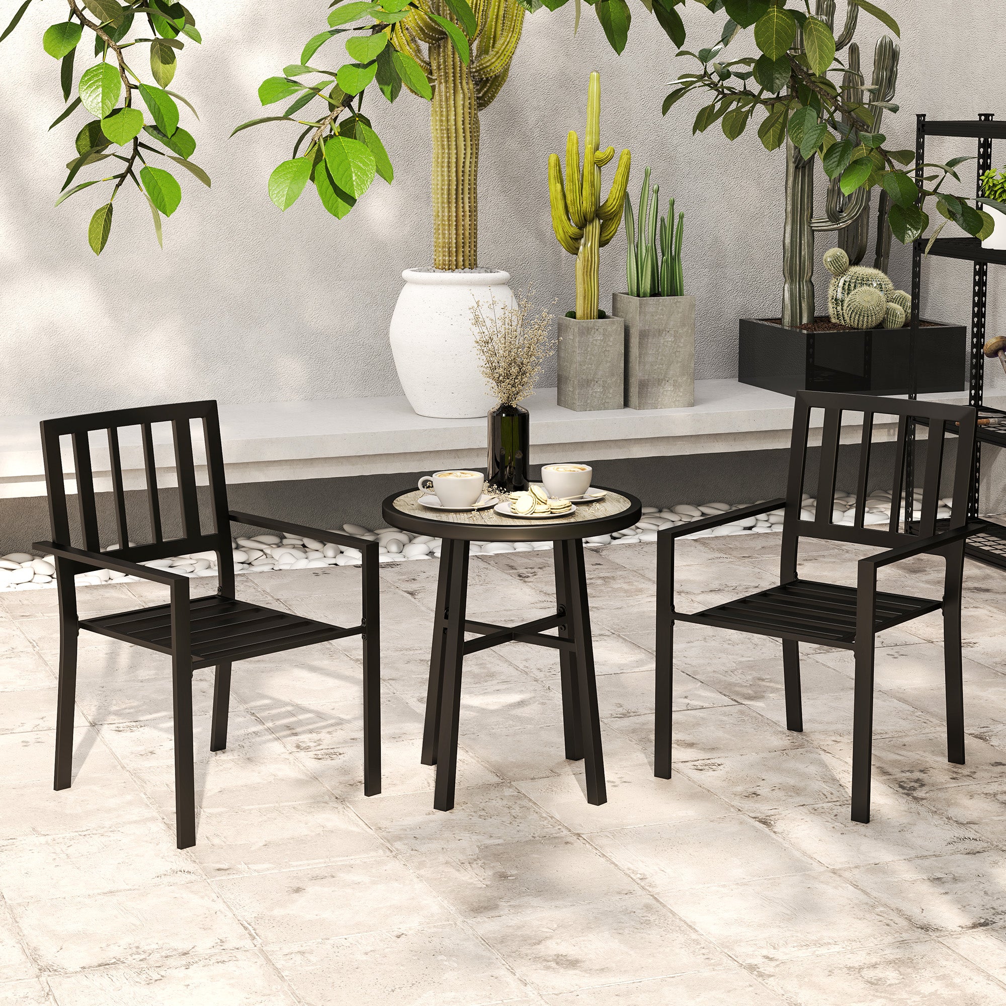 Outsunny 3 Piece Patio Bistro Set with Plastic Top, 2 Stackable Chairs, Grey - Image 9