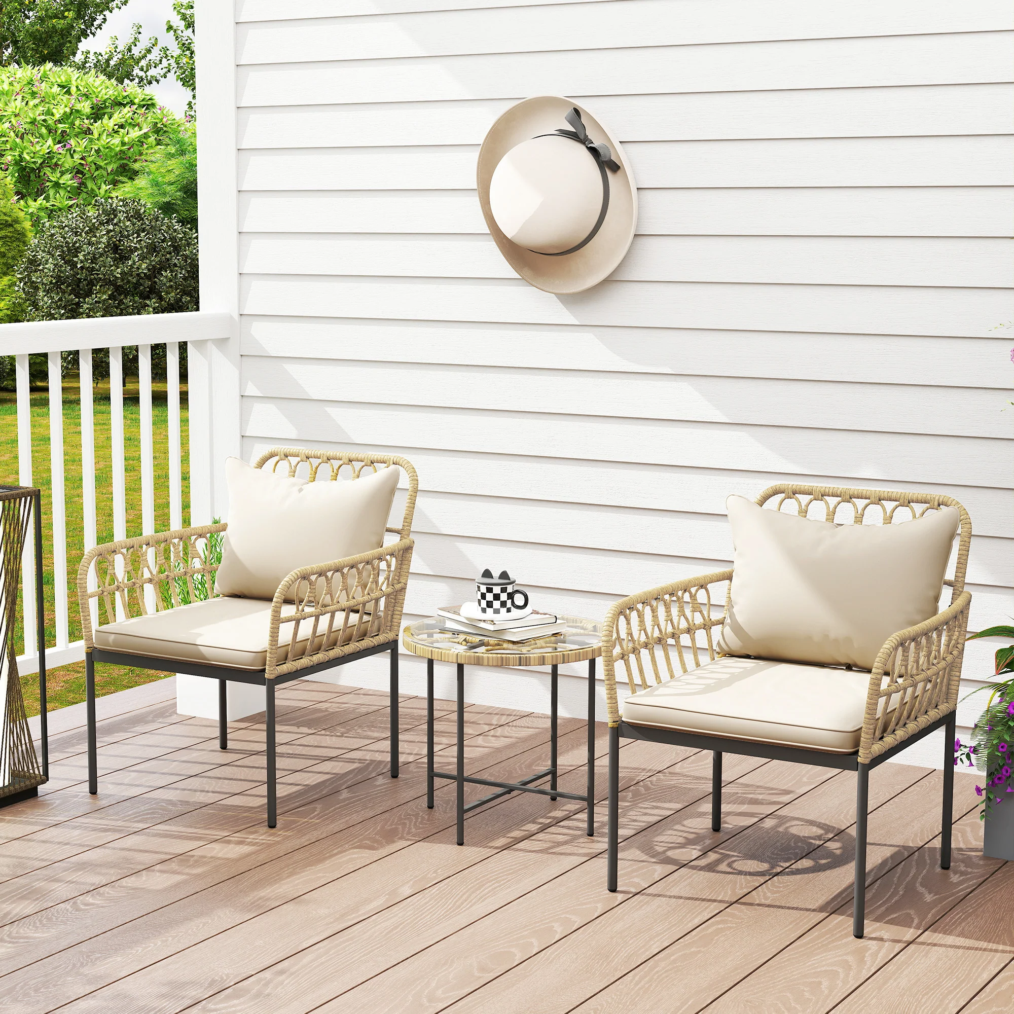 Outsunny 3 Piece Rattan Bistro Set, Balcony Table And Chairs With Cushions - Image 2
