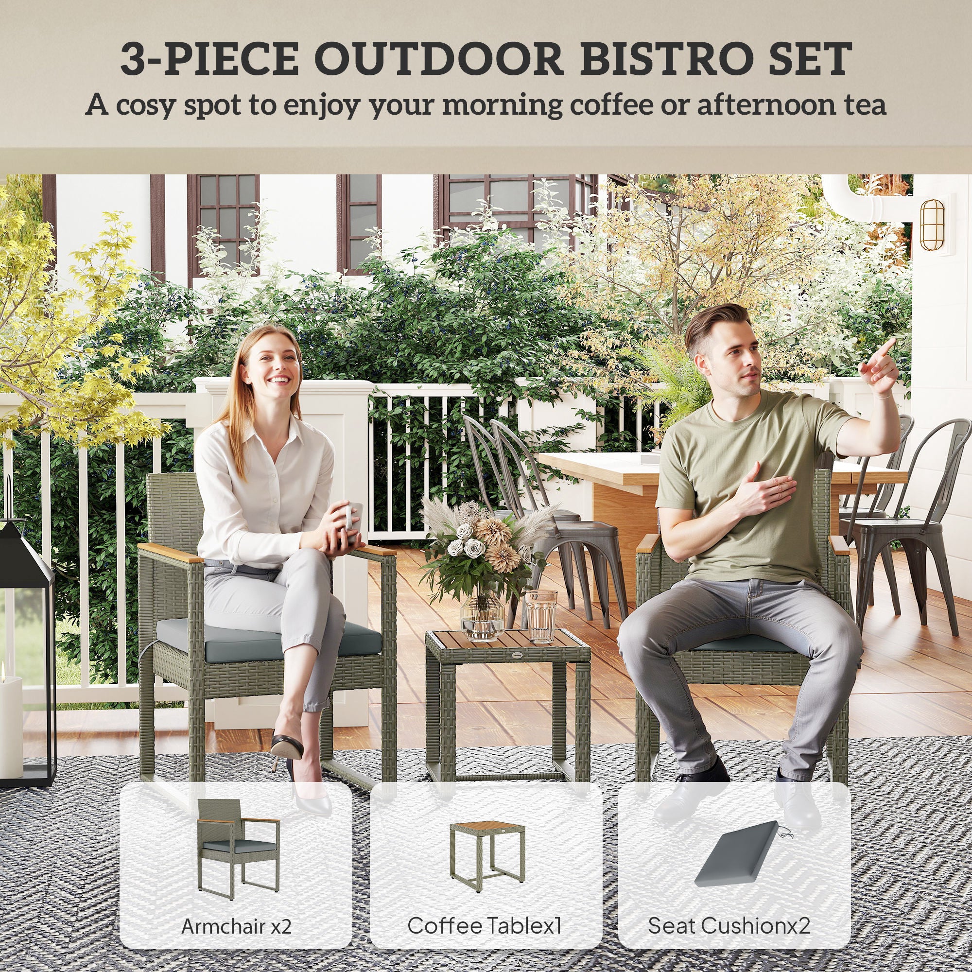 Outsunny 3-Piece Rattan Bistro Set with Acacia Wood Table - Image 12