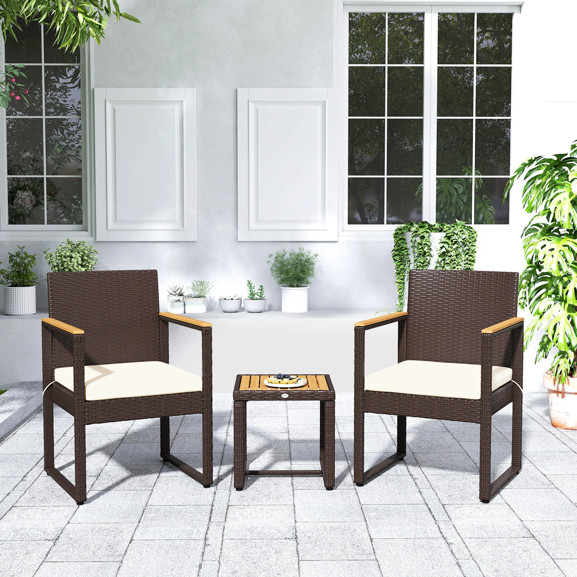 Outsunny 3-Piece Rattan Bistro Set with Acacia Wood Table - Image 8