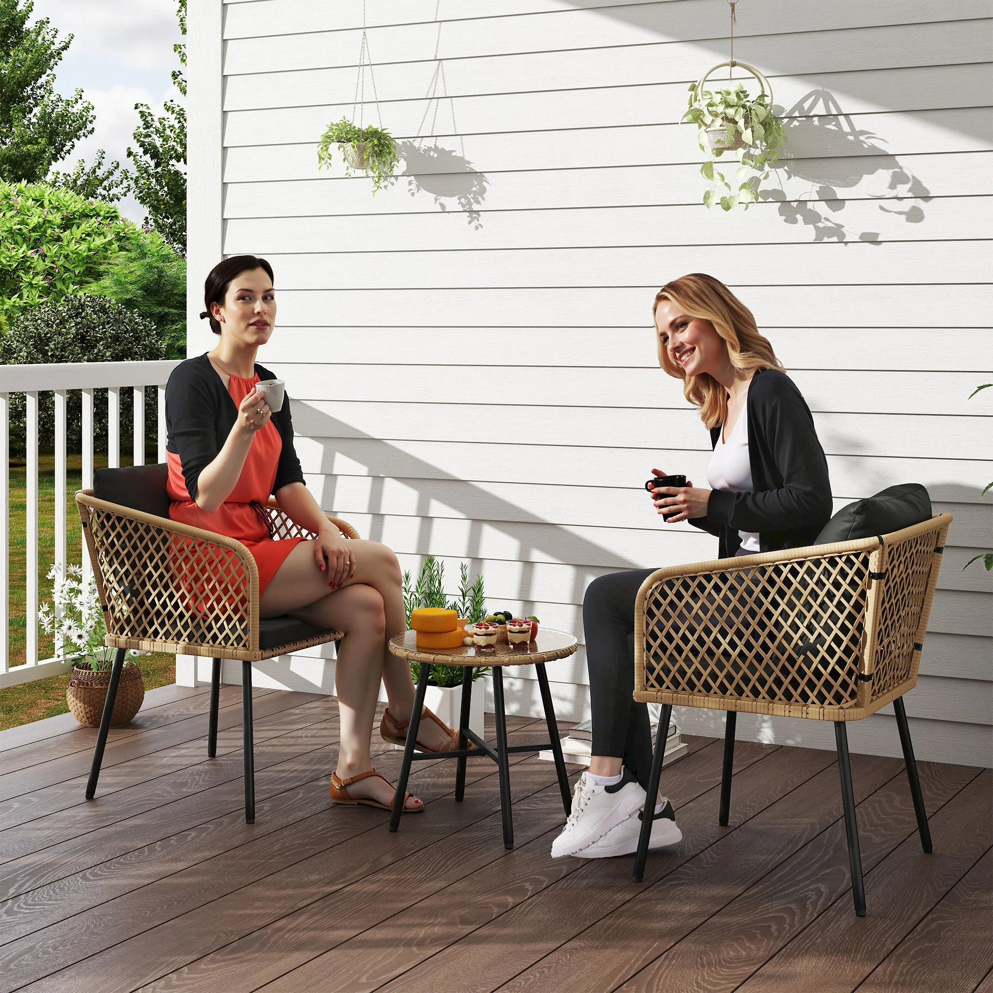Outsunny 3 Piece Rattan Bistro Set With Cushions - Image 11